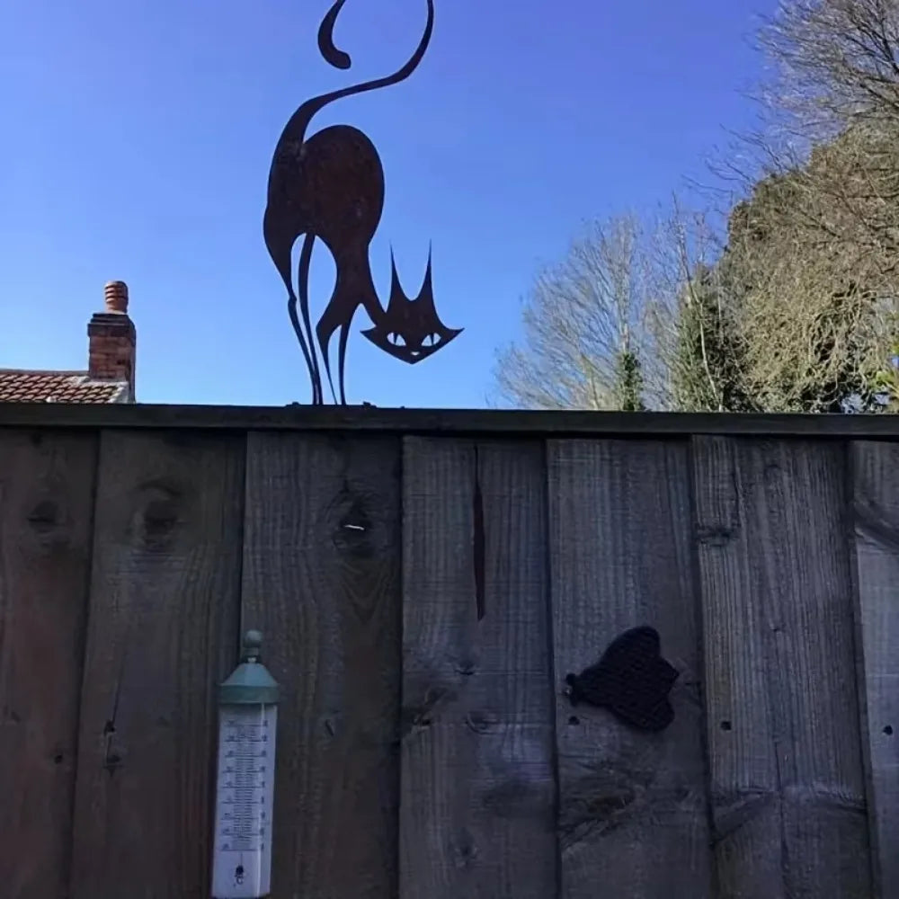 Handmade Rusty Cat Fence Art: Charming Metal Silhouettes for Your Garden, Garden Decor, Halloween Decor