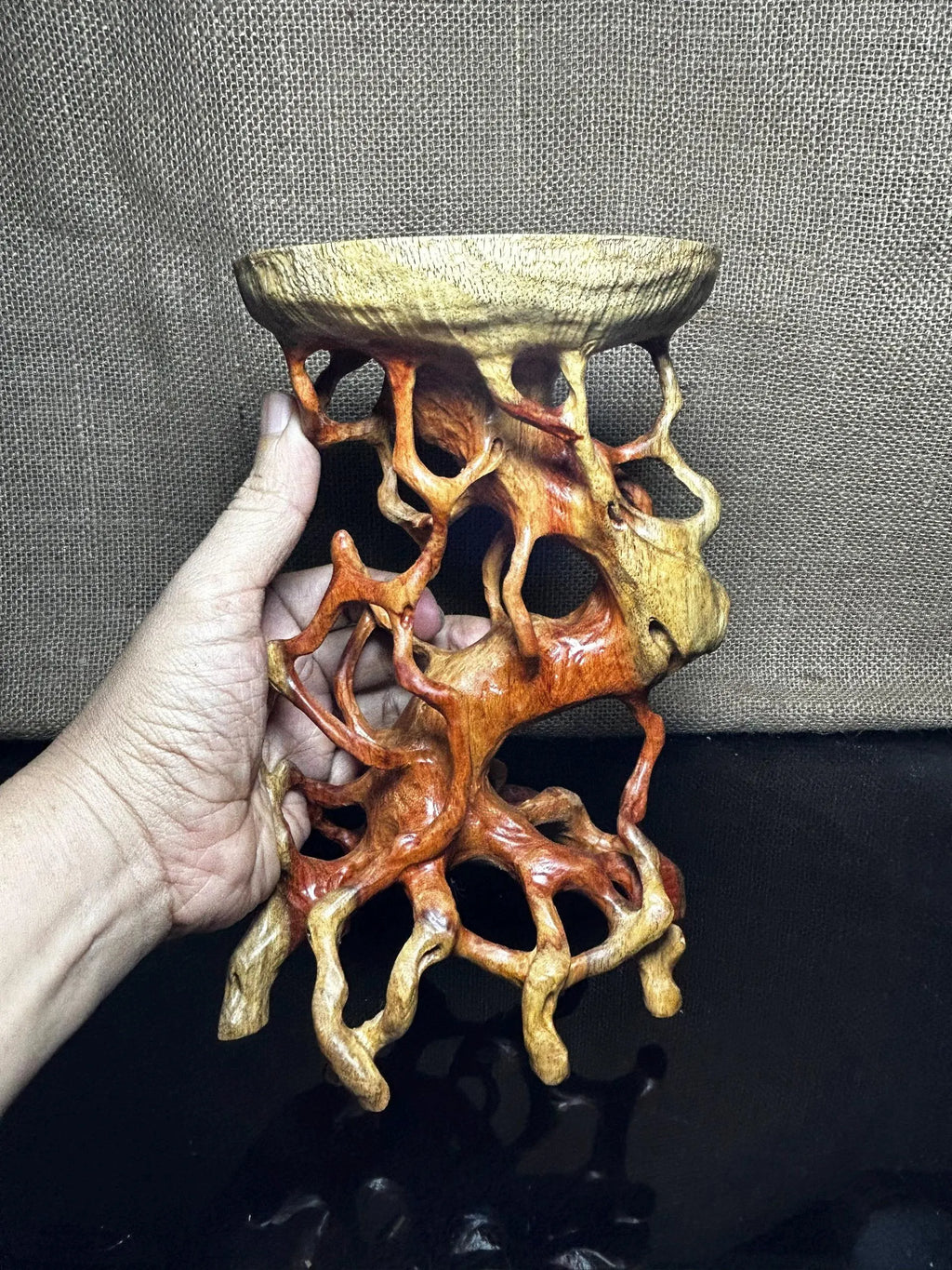 Wooden Display Stand made of Padauk, handmade sculpture, core wood, size 8.2"