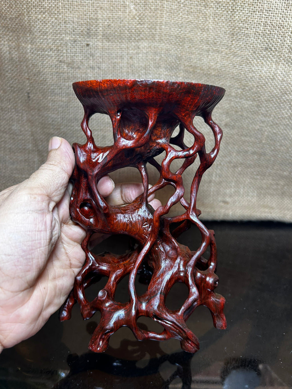 Wooden Display Stand made of Padauk, handmade sculpture, core wood, size 6.5"