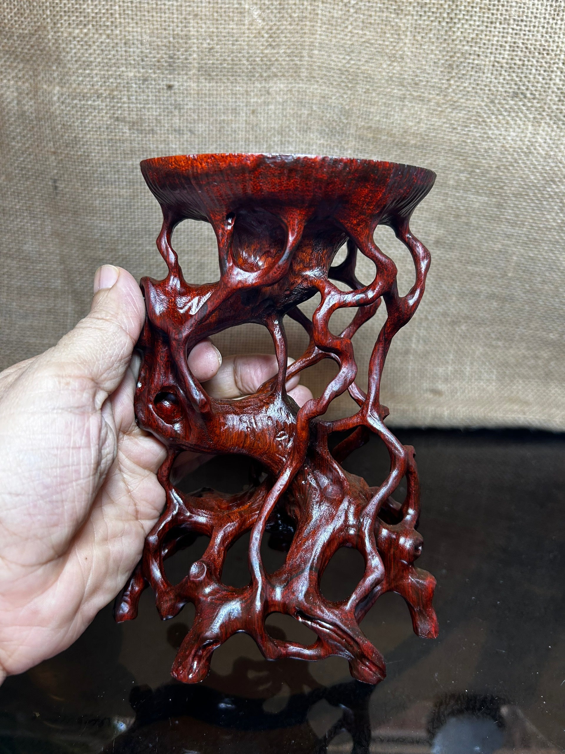 Wooden Display Stand made of Padauk, handmade sculpture, core wood, size 6.5"