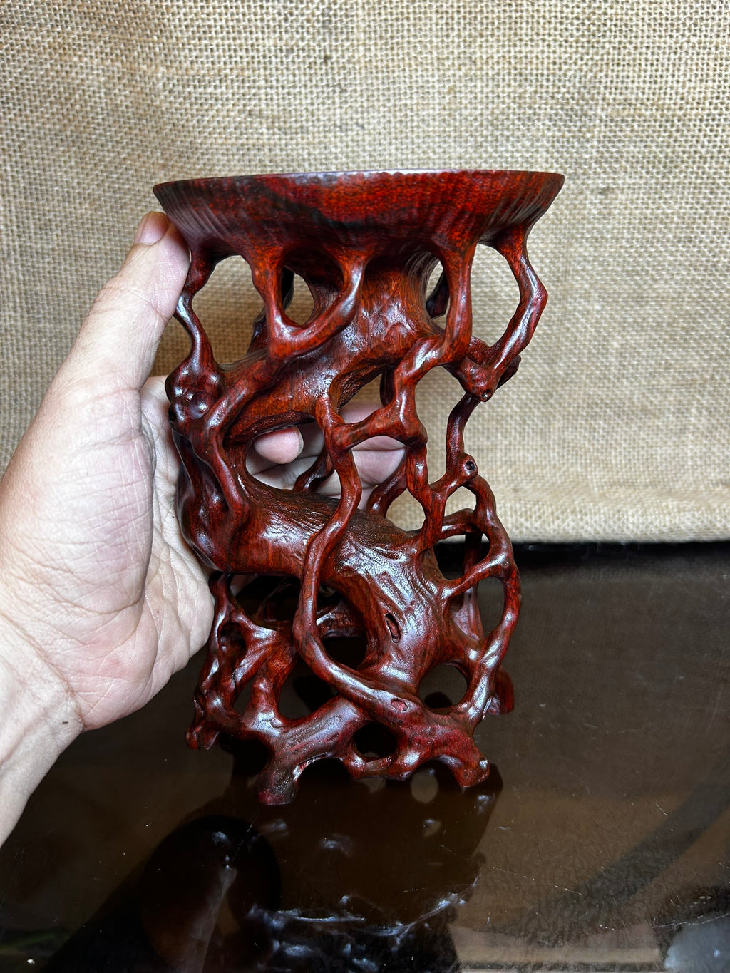 Wooden Display Stand made of Padauk, handmade sculpture, core wood, size 6.5"