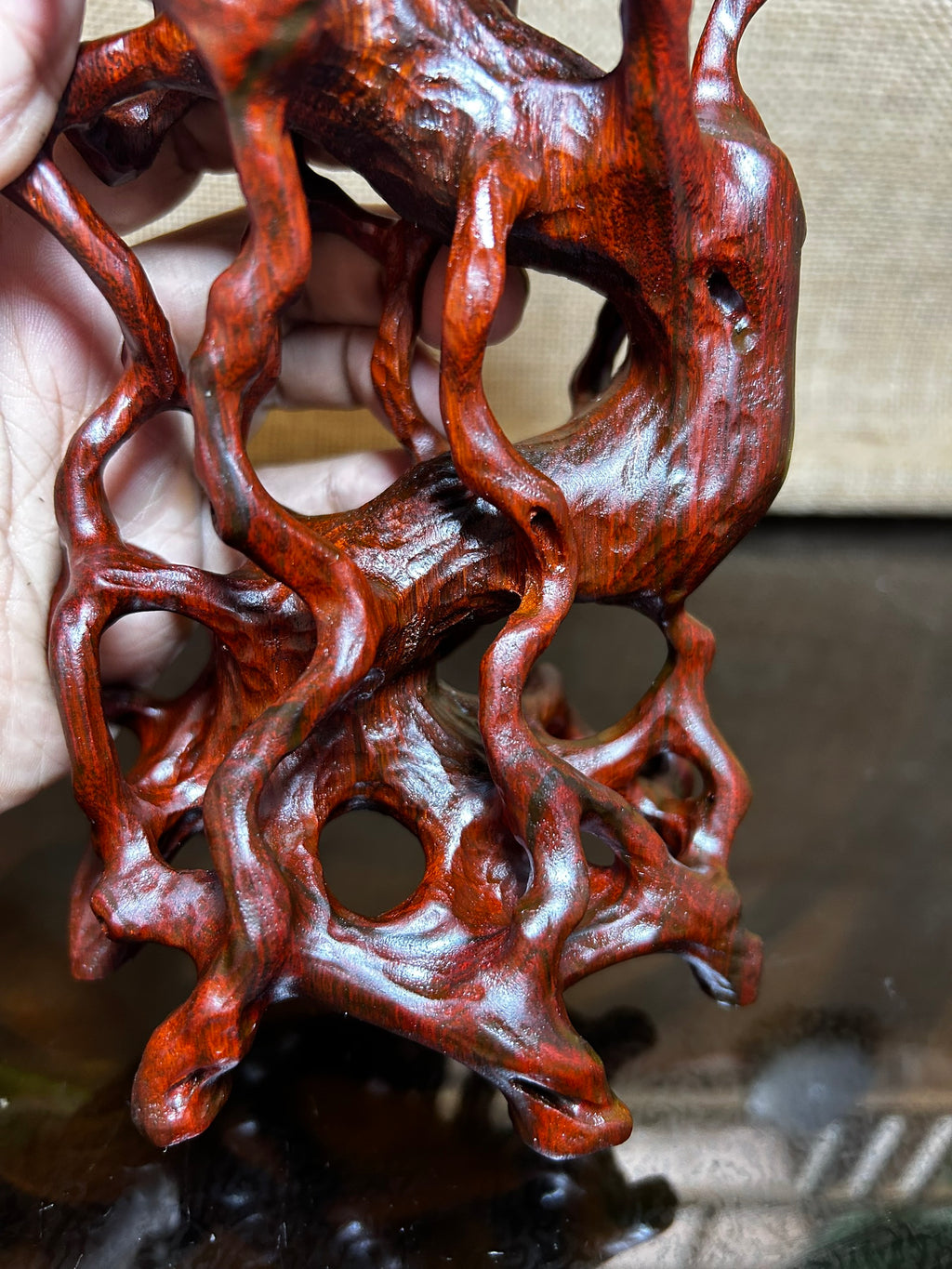 Wooden Display Stand made of Padauk, handmade sculpture, core wood, size 6.5"