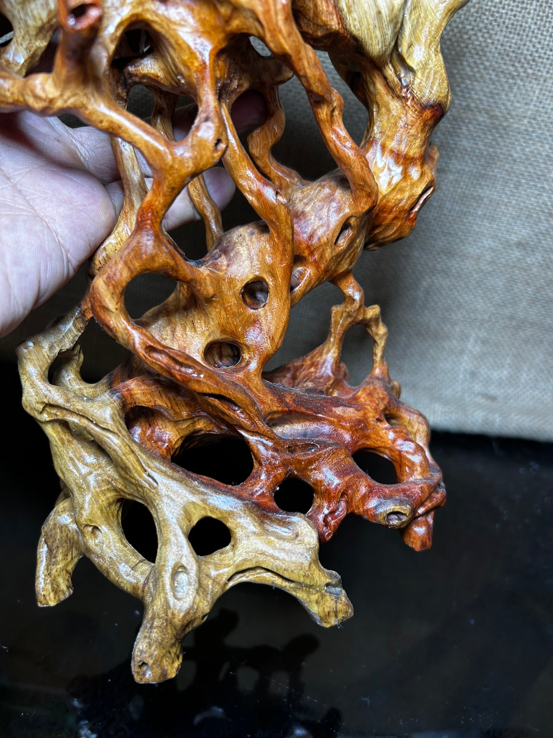 Wooden Display Stand made of Padauk, handmade sculpture, core wood, size 8."5