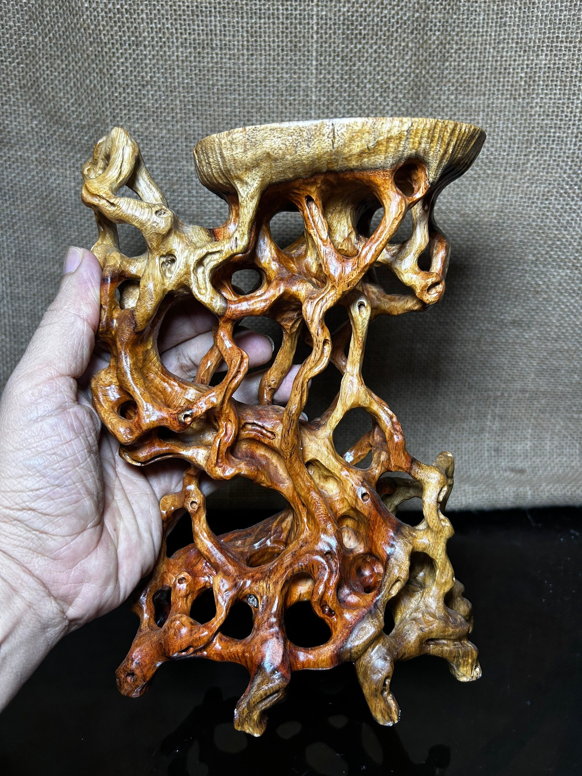 Wooden Display Stand made of Padauk, handmade sculpture, core wood, size 8."5