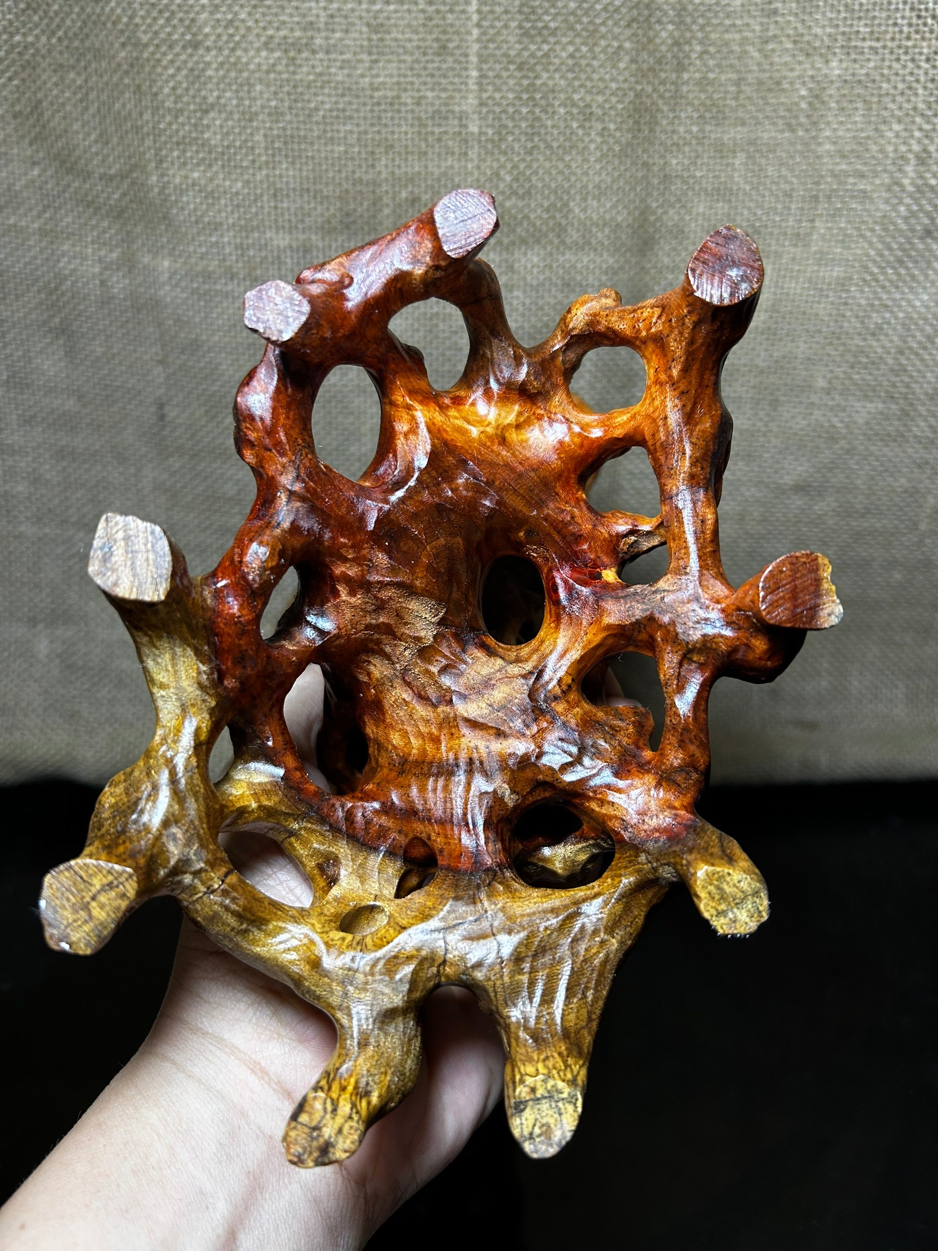 Wooden Display Stand made of Padauk, handmade sculpture, core wood, size 8."5