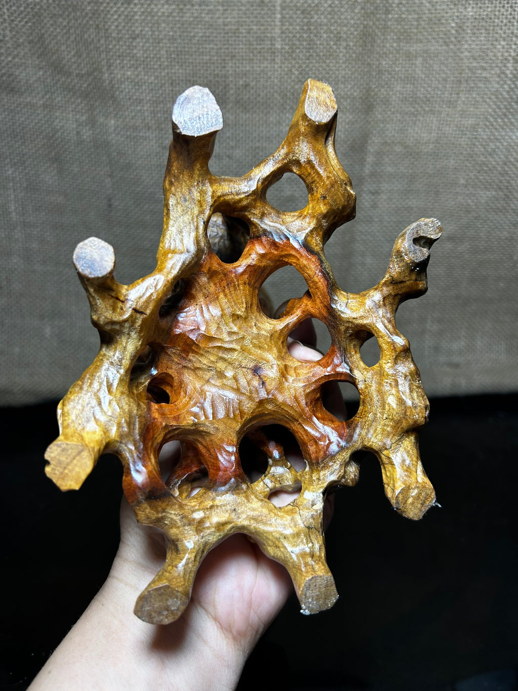 Wooden Display Stand made of Padauk, handmade sculpture, core wood, size 7"