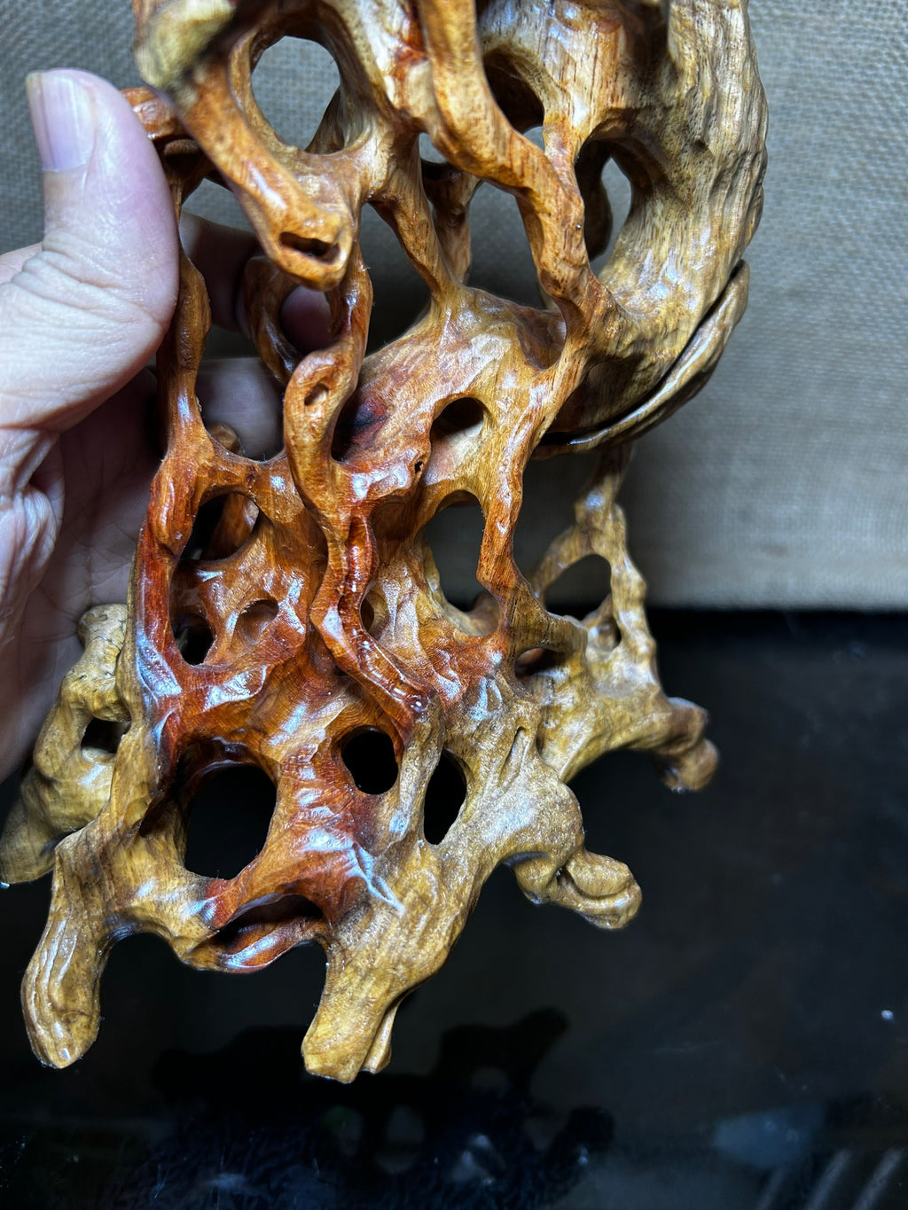 Wooden Display Stand made of Padauk, handmade sculpture, core wood, size 7"