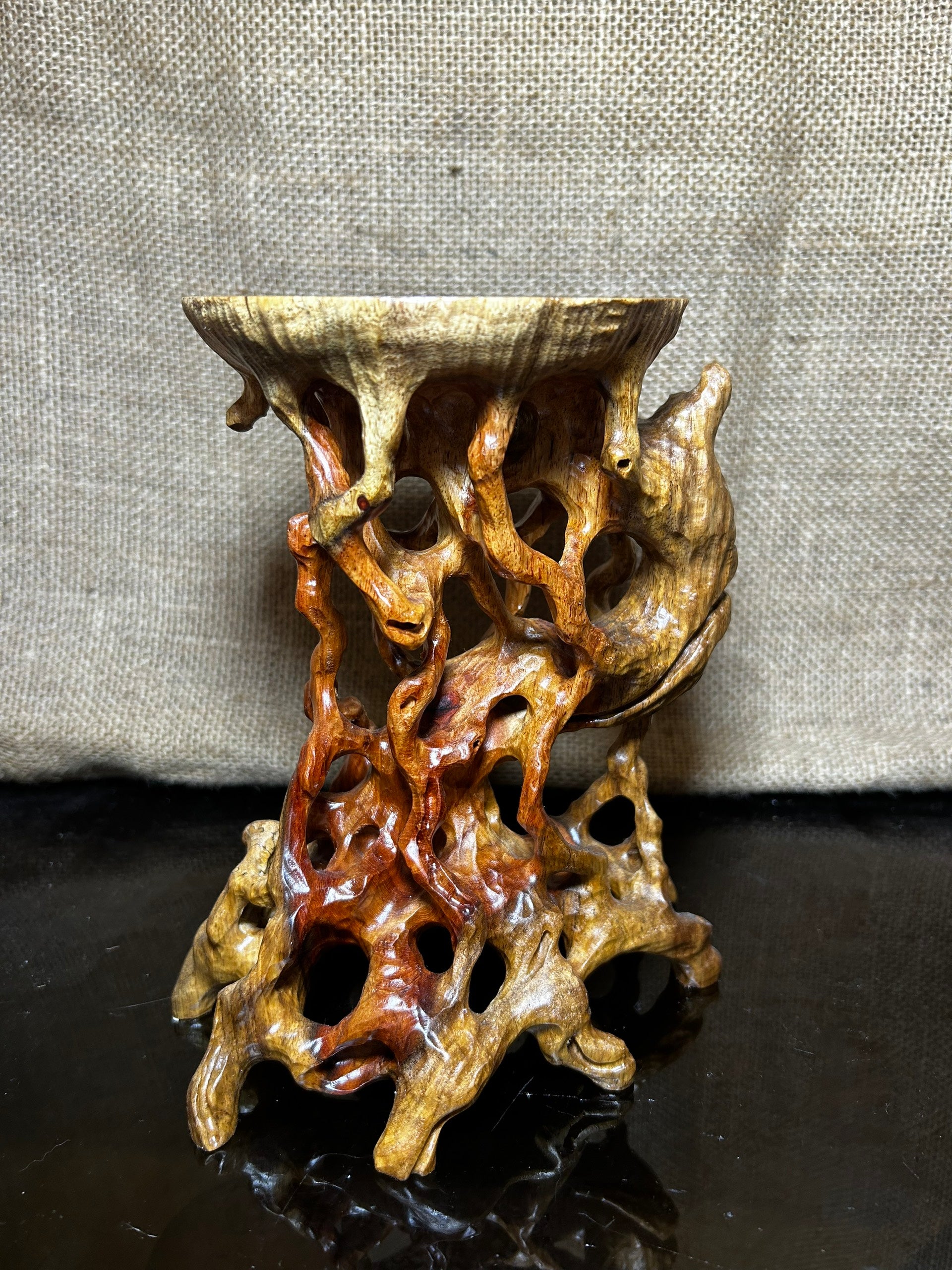 Wooden Display Stand made of Padauk, handmade sculpture, core wood, size 7"