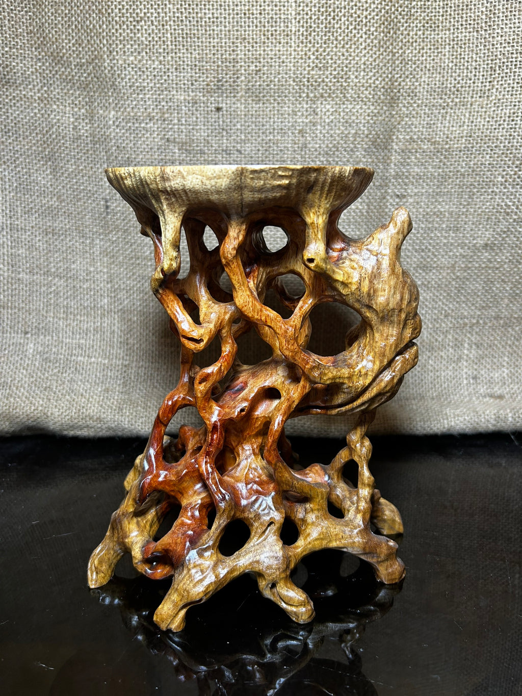 Wooden Display Stand made of Padauk, handmade sculpture, core wood, size 7"