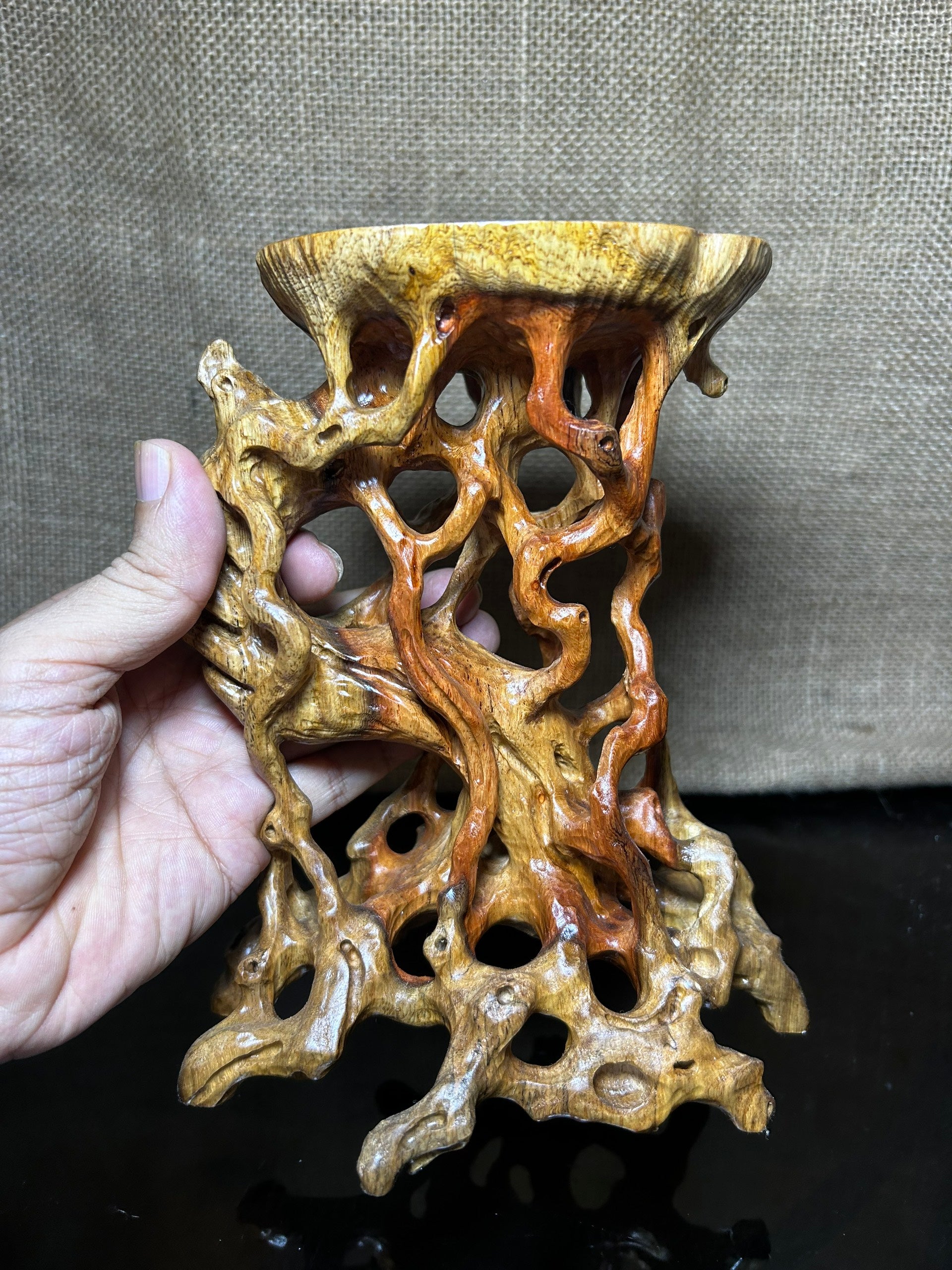 Wooden Display Stand made of Padauk, handmade sculpture, core wood, size 7"