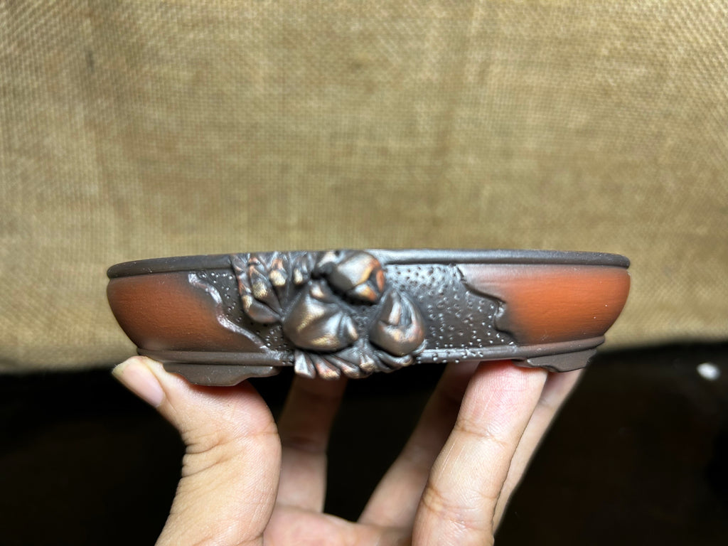 Handmade Bonsai pot, Ceramic, crab sculpture, oval shape, size 5 inch