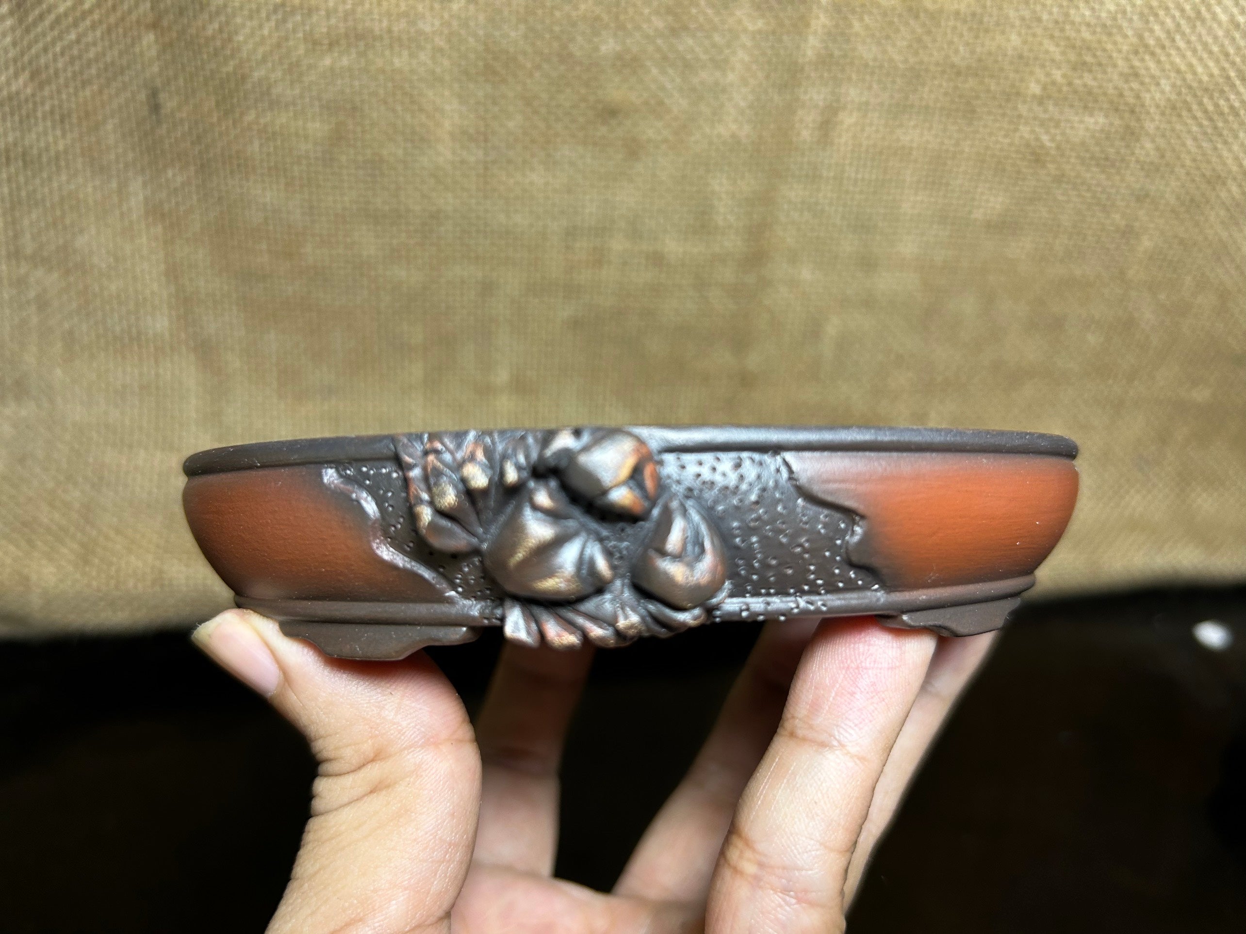 Handmade Bonsai pot, Ceramic, crab sculpture, oval shape, size 5 inch