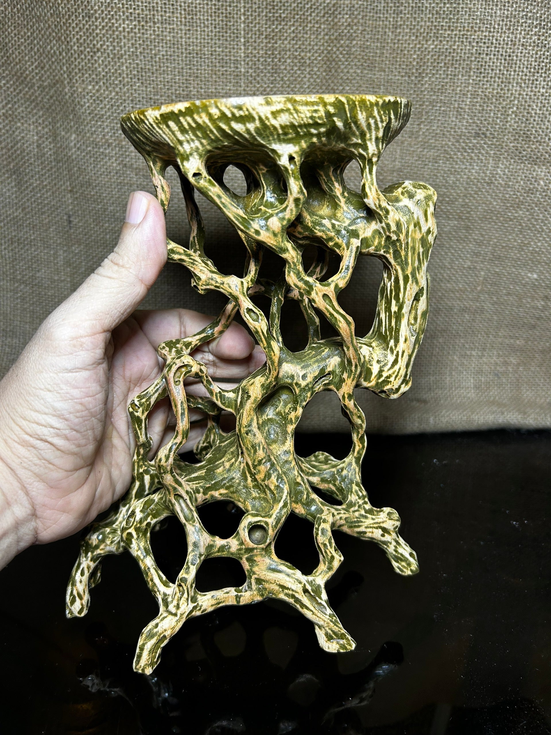 Wood Display Stand, bonsai tree pot display, handmade sculpture, size 8.5"