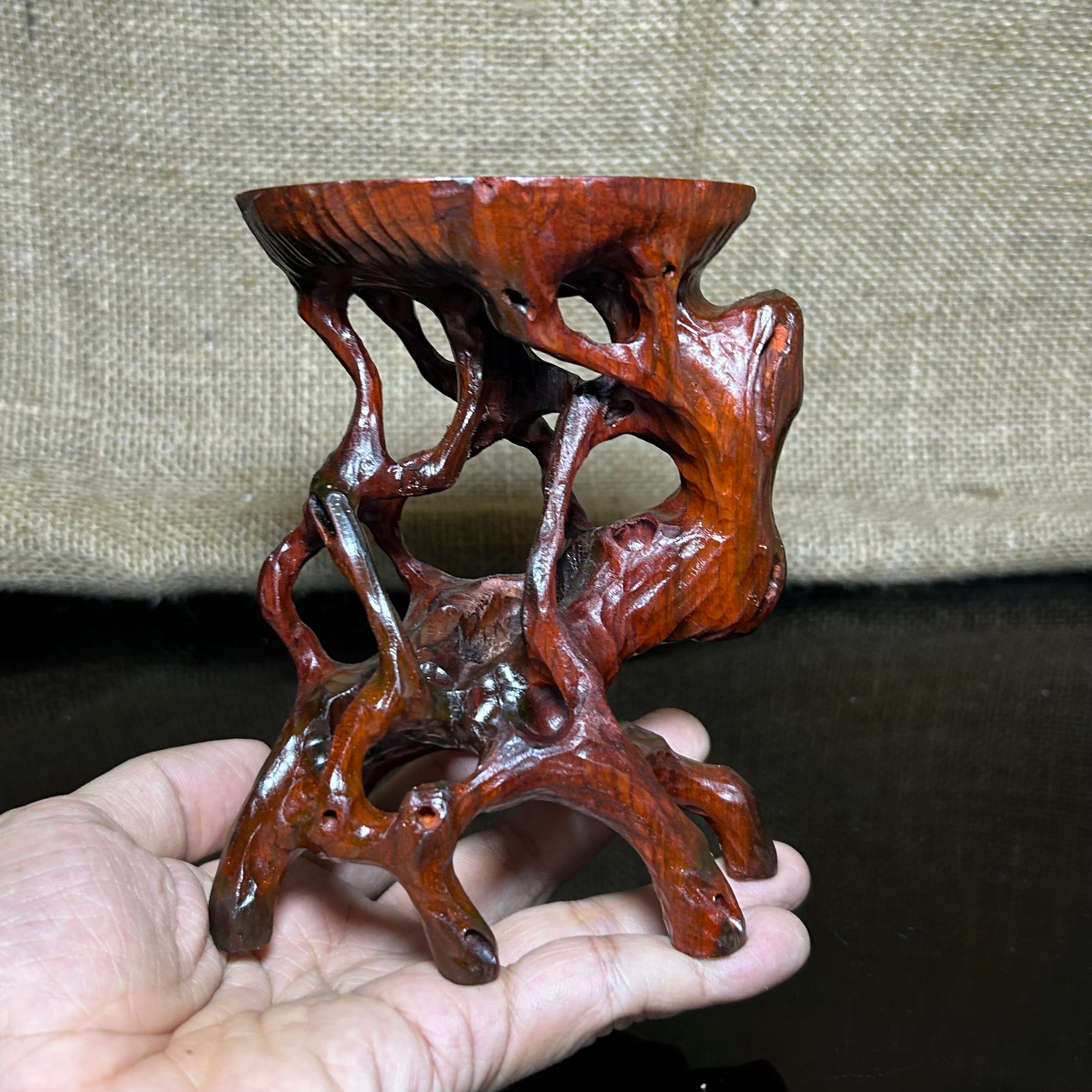 Wood display stand easel, bonsai tree pot display, handmade sculpture, size 5"