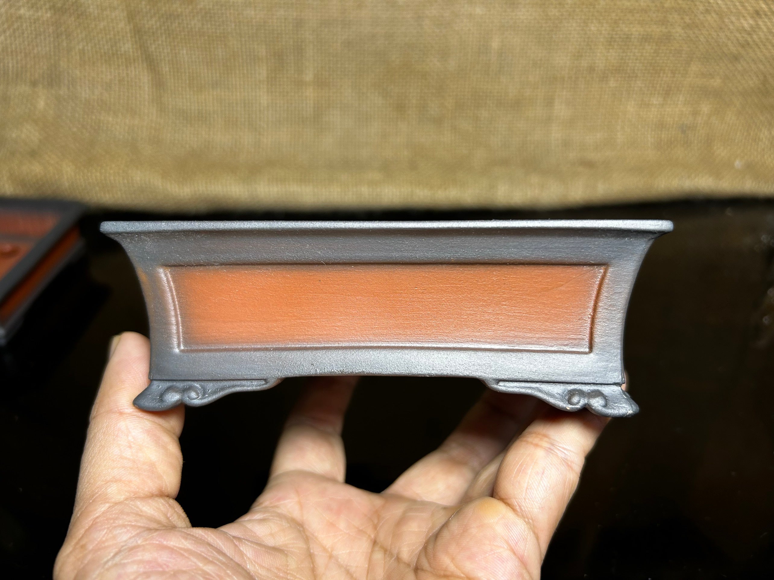 Handmade bonsai pot, Ceramic, picture frame effect, 4 sculptural corners, 4.9"
