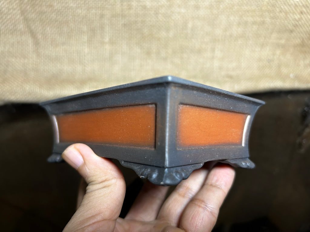 Handmade bonsai pot, Ceramic, picture frame effect, 4 sculptural corners, 4.9"