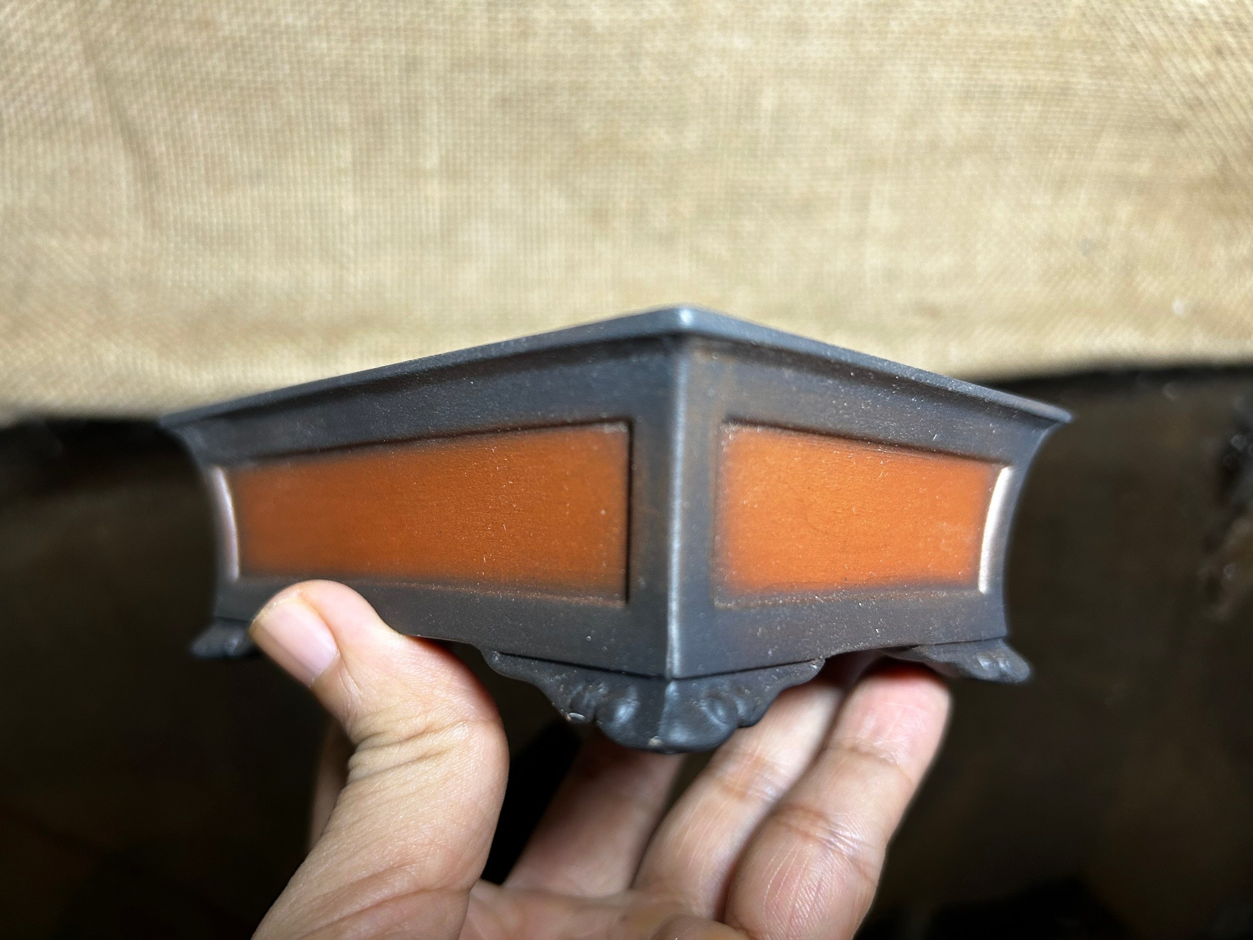Handmade bonsai pot, Ceramic, picture frame effect, 4 sculptural corners, 4.9"
