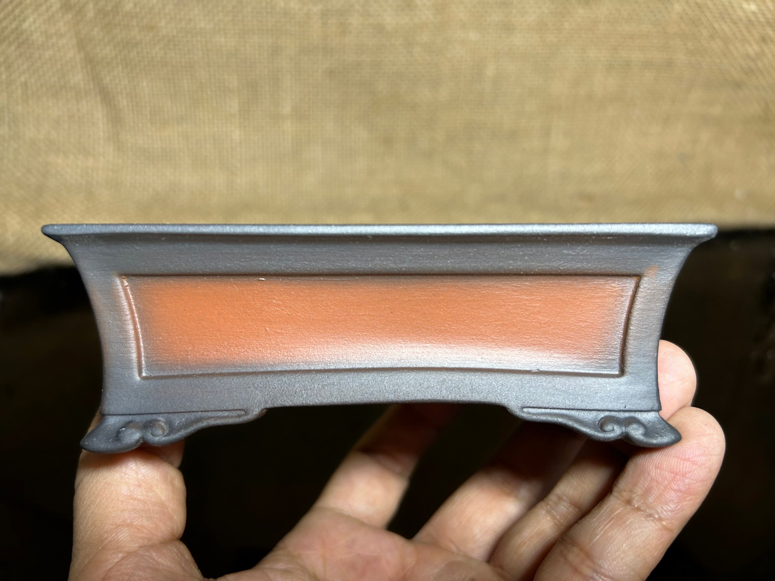 Handmade bonsai pot, Ceramic, picture frame effect, 4 sculptural corners, 4.9"