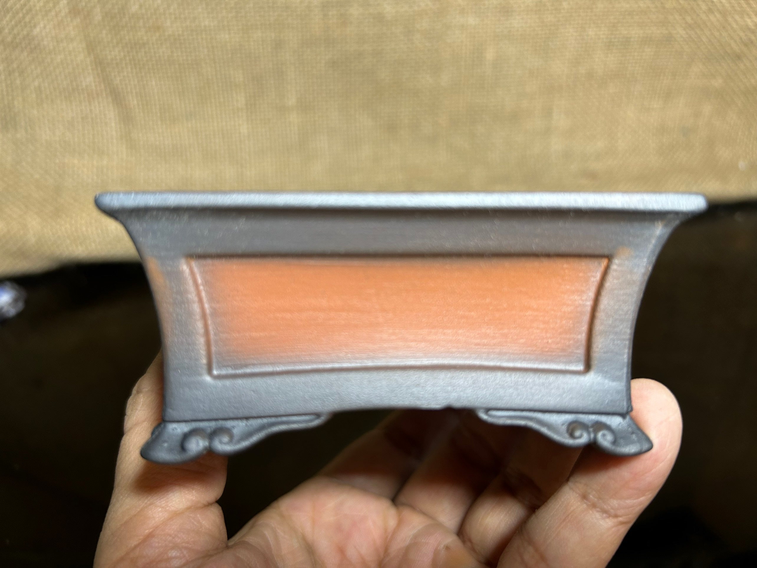 Handmade bonsai pot, Ceramic, picture frame effect, 4 sculptural corners, 4.9"