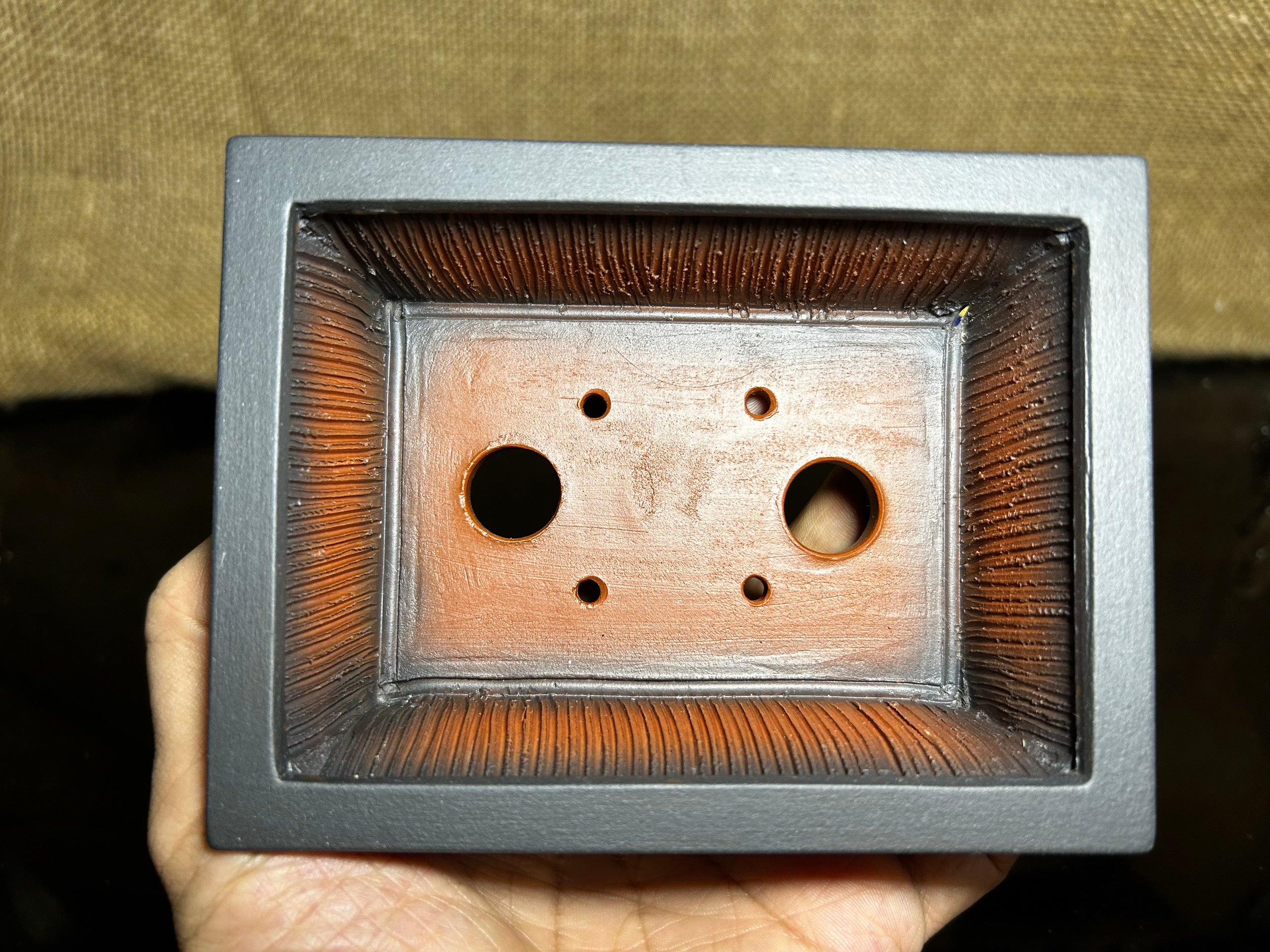 Handmade bonsai pot, Ceramic, picture frame effect, 4 sculptural corners, 4.9"