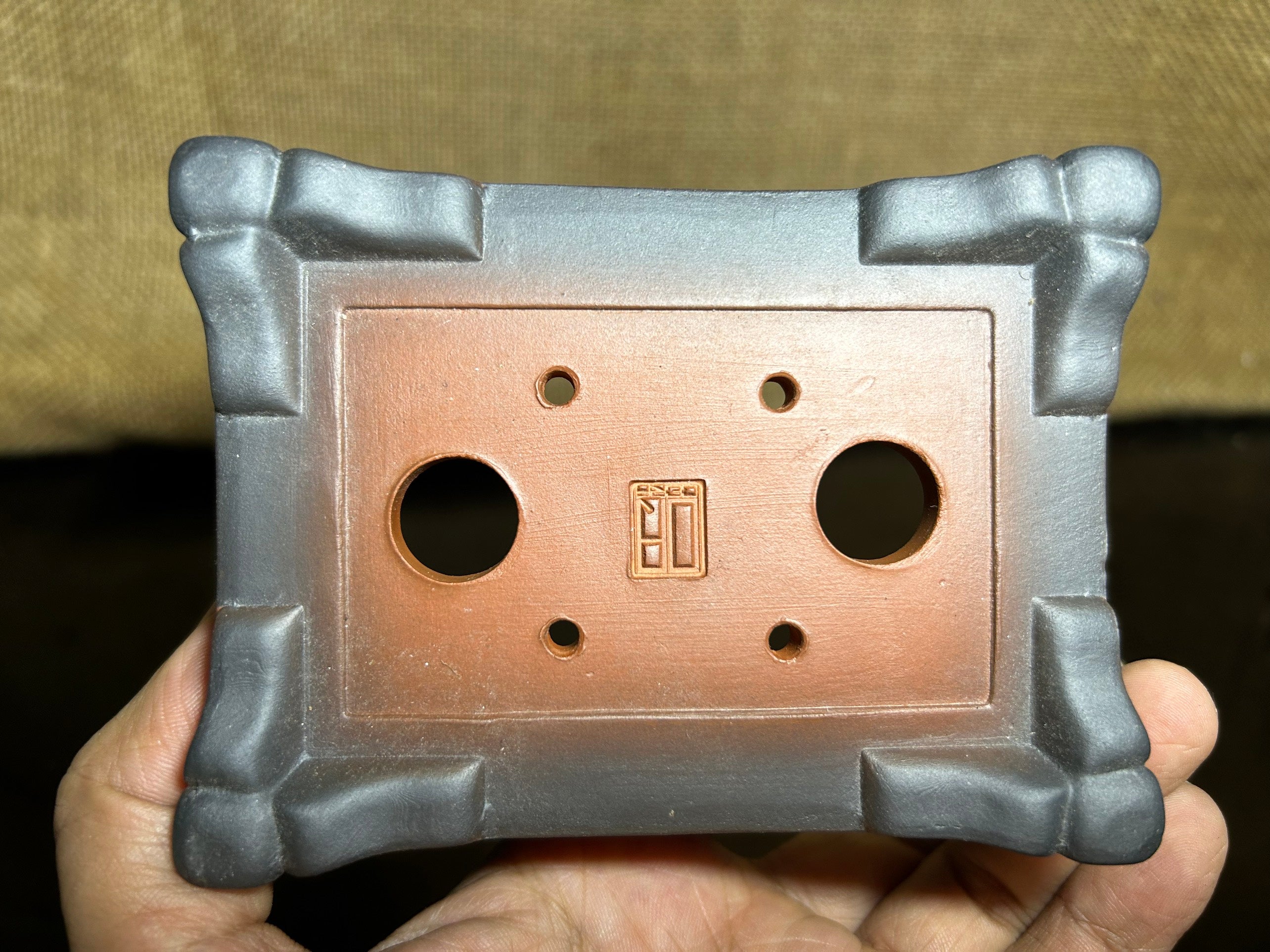 Handmade bonsai pot, Ceramic, picture frame effect, 4 sculptural corners, 4.9"