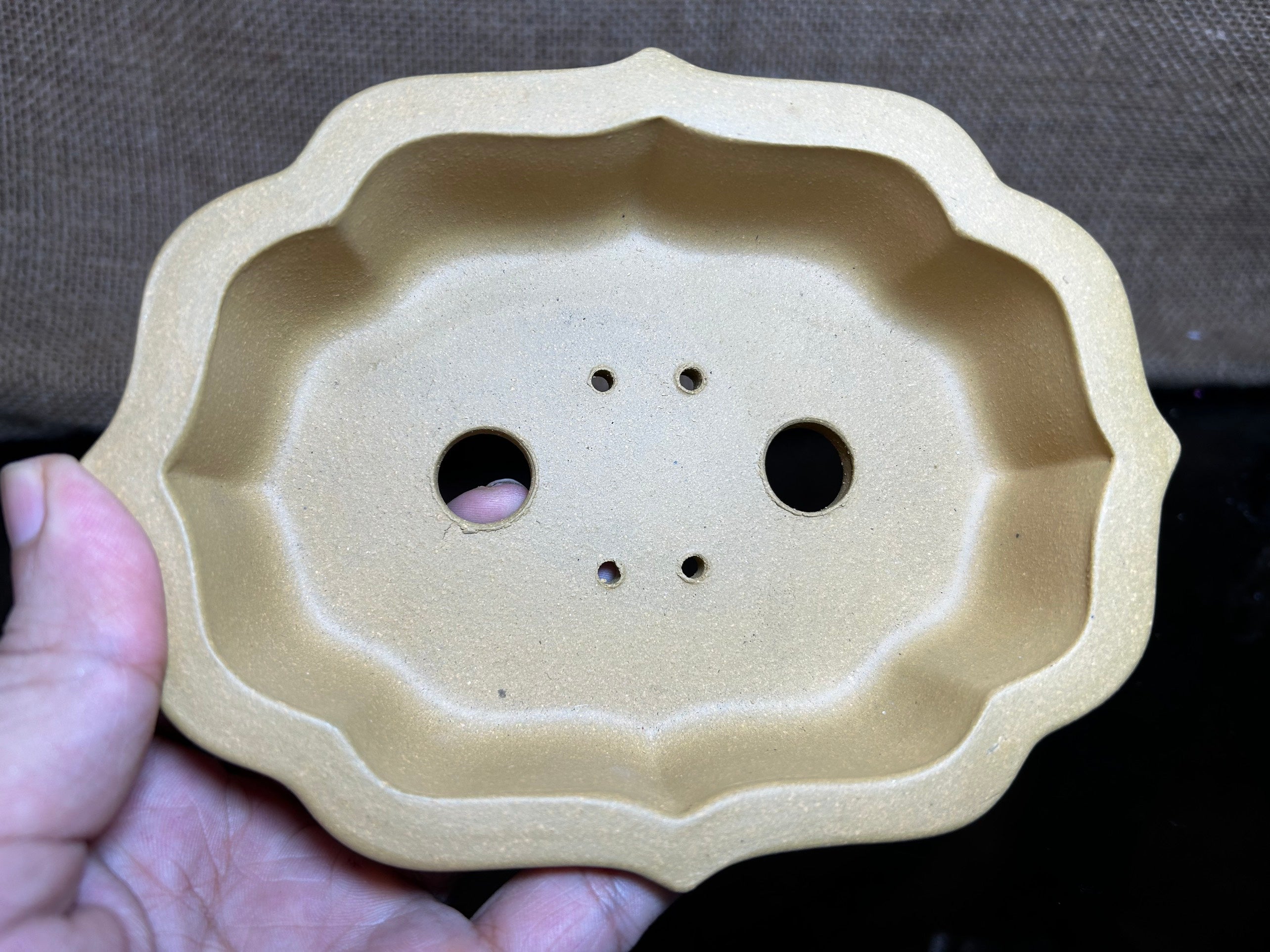 Handmade bonsai  pot, oval pot , cloud shape, Ceramic, Hand-engraved,  size 6.5"