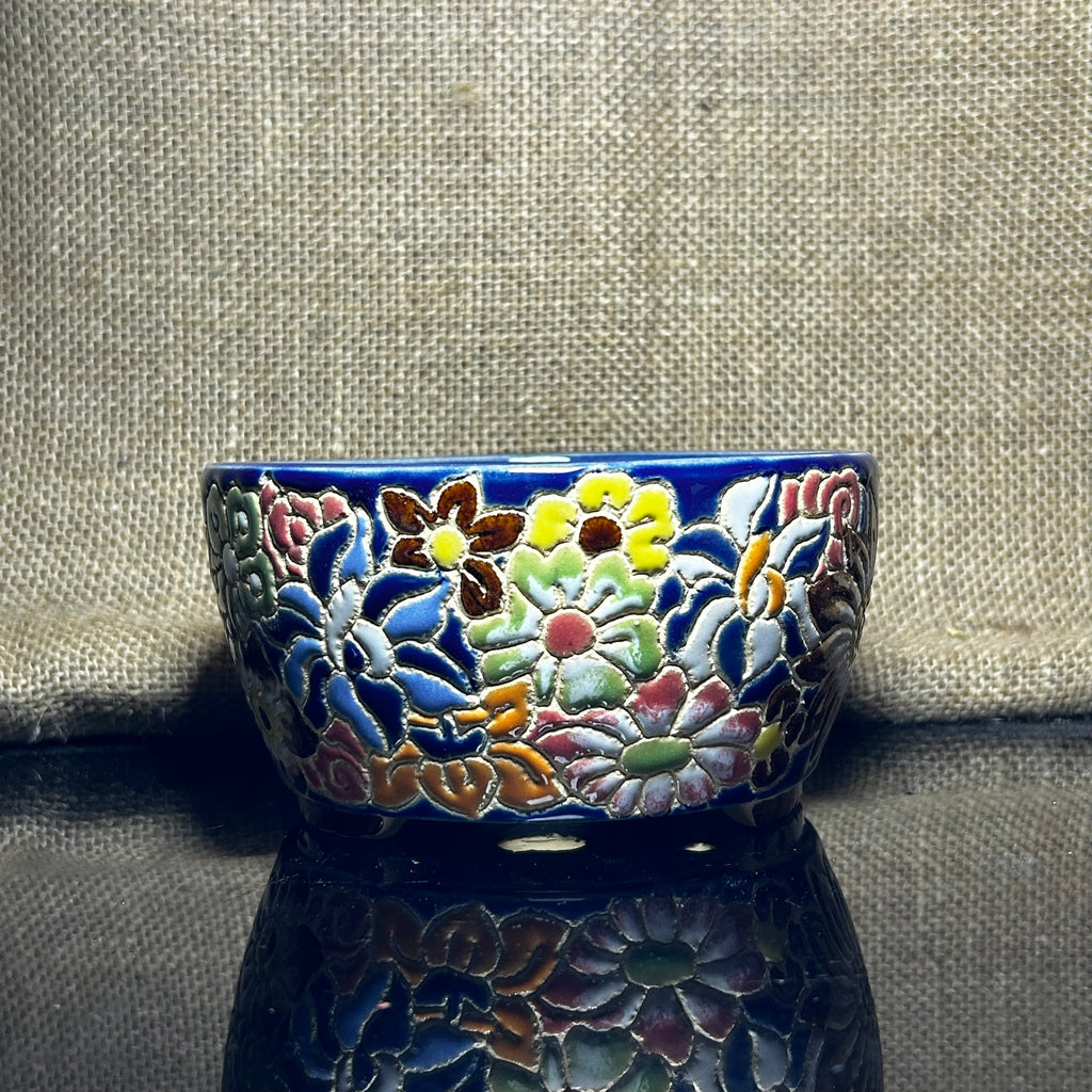 Unique Bonsai tree pot, colorful flower carving and craft,  size 5.5"