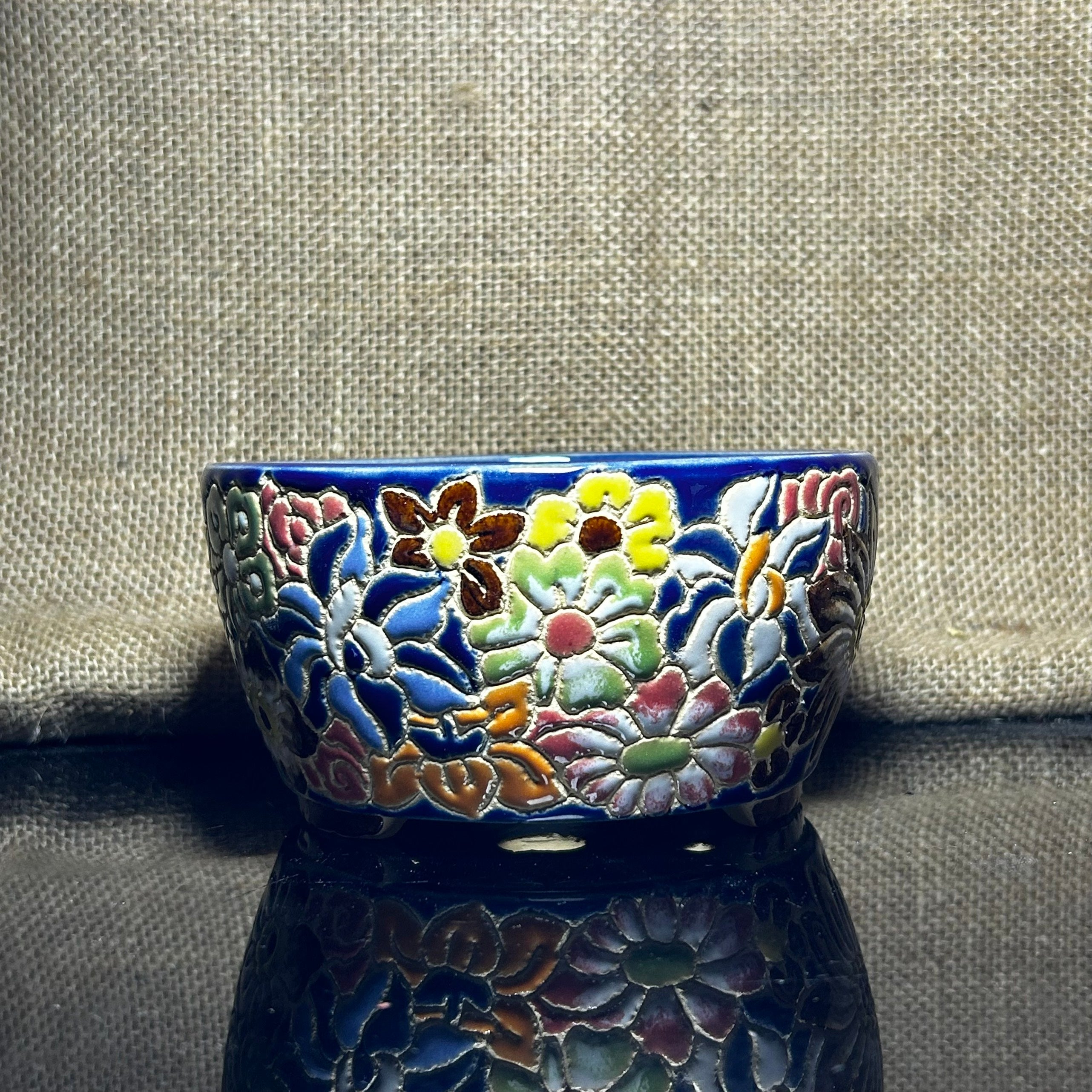 Unique Bonsai tree pot, colorful flower carving and craft,  size 5.5"