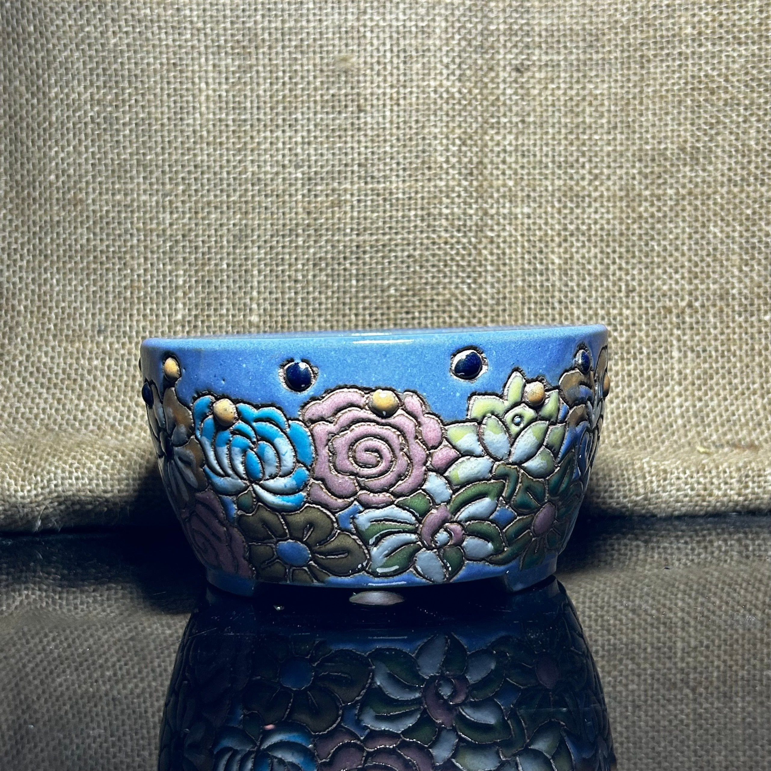 Unique Bonsai tree pot, colorful flower carving and craft,  size 5.2"
