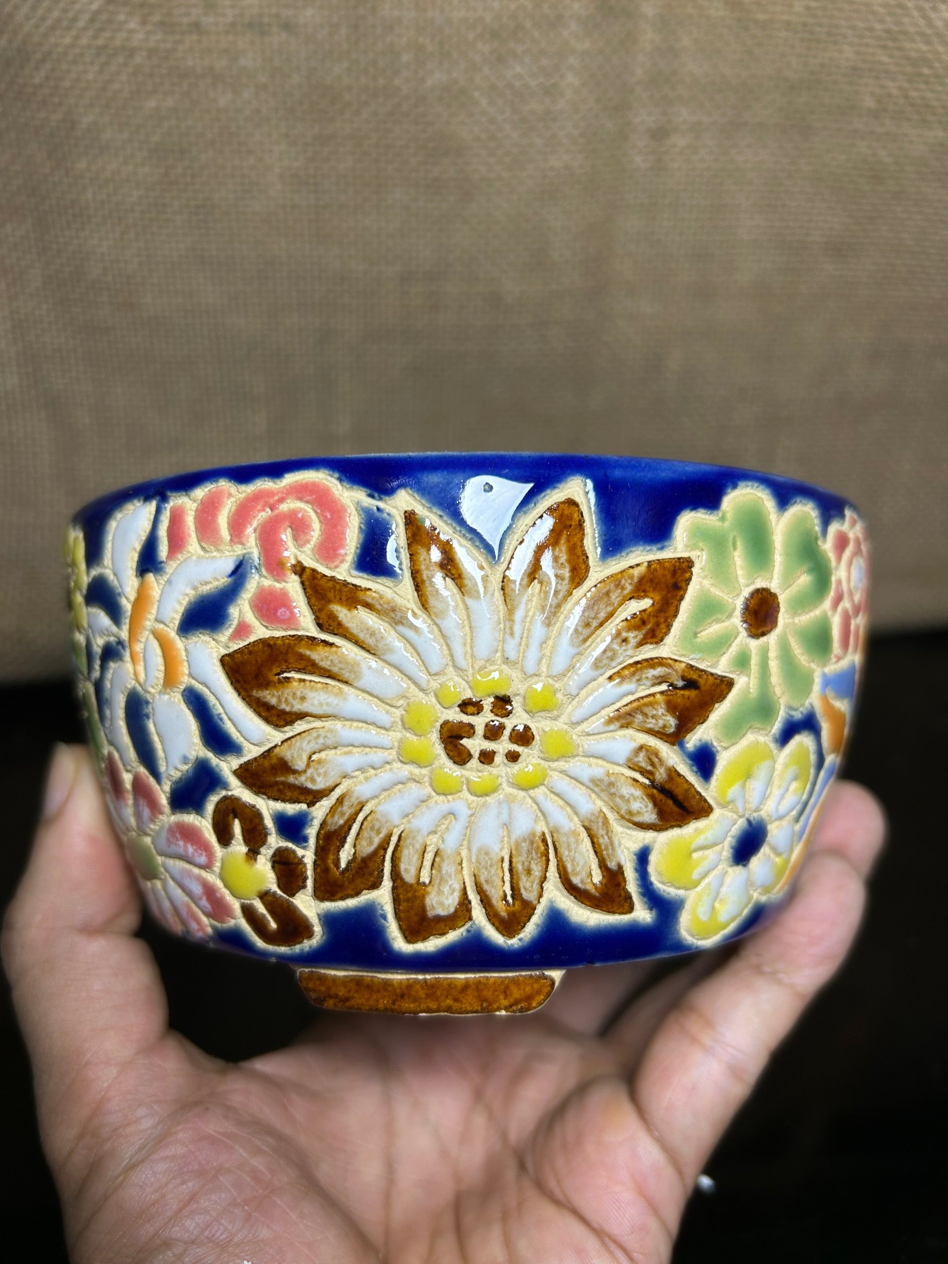Unique Bonsai tree pot, colorful flower carving and craft,  size 5.5"