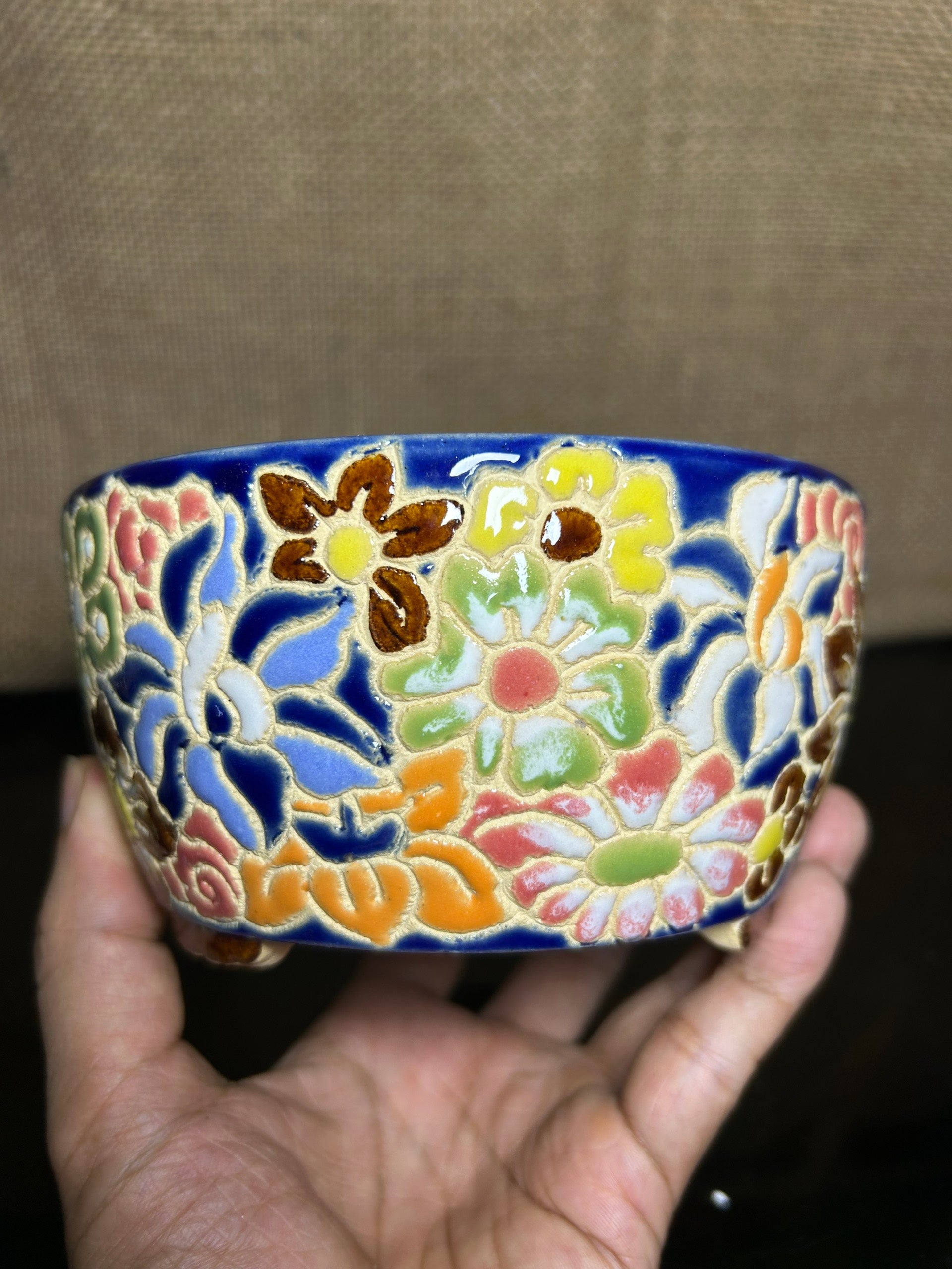 Unique Bonsai tree pot, colorful flower carving and craft,  size 5.5"