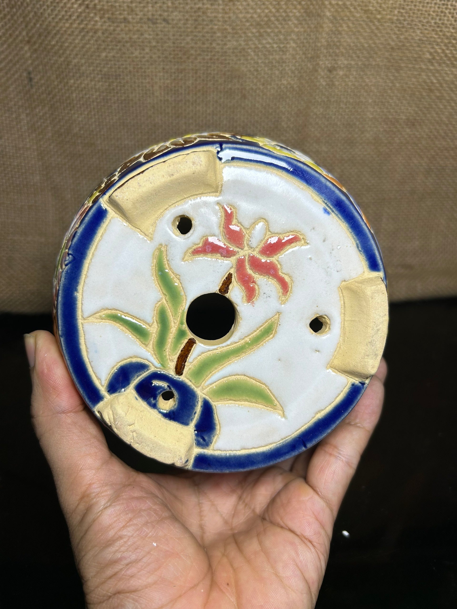 Unique Bonsai tree pot, colorful flower carving and craft,  size 5.5"
