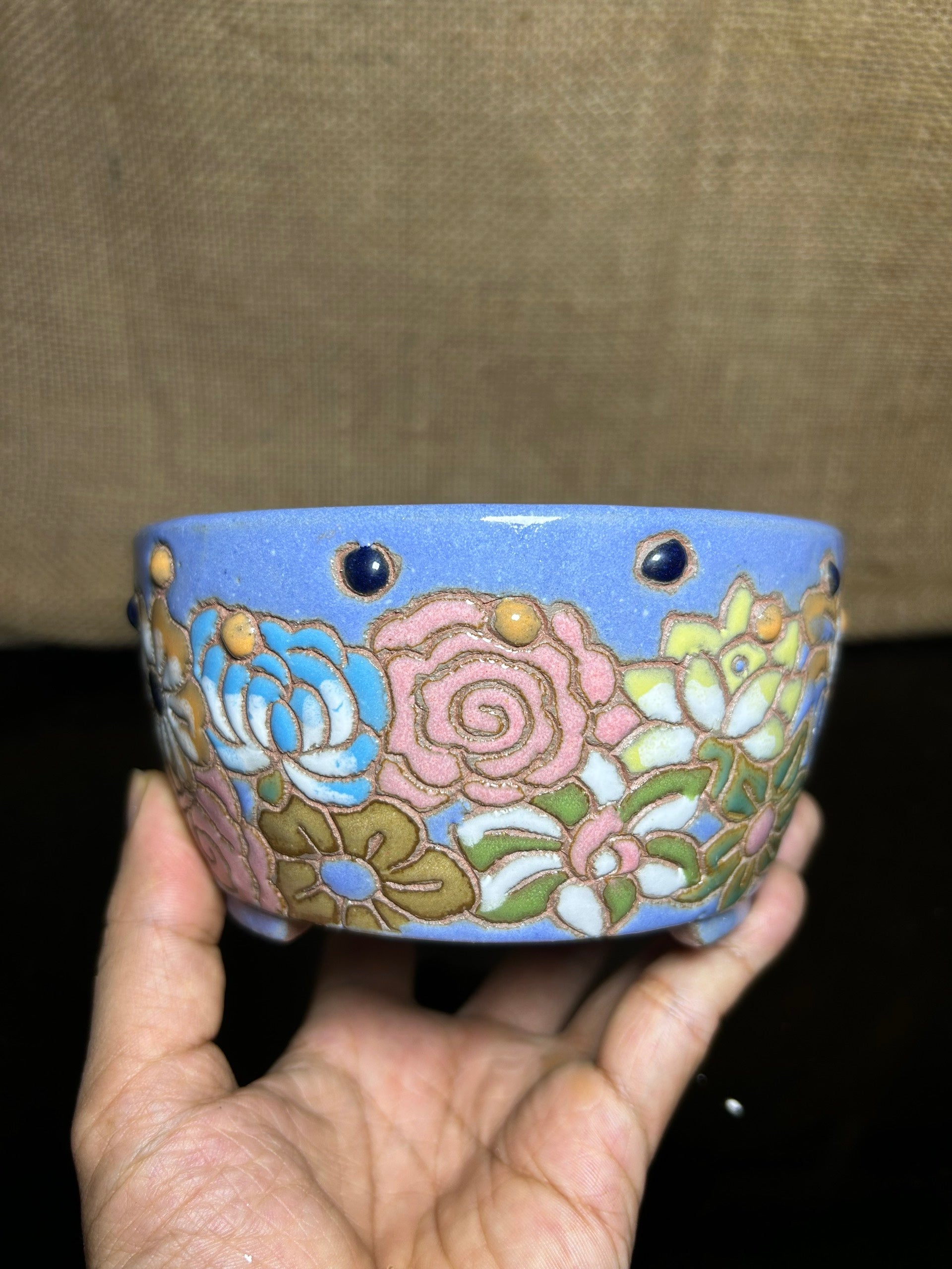 Unique Bonsai tree pot, colorful flower carving and craft,  size 5.2"