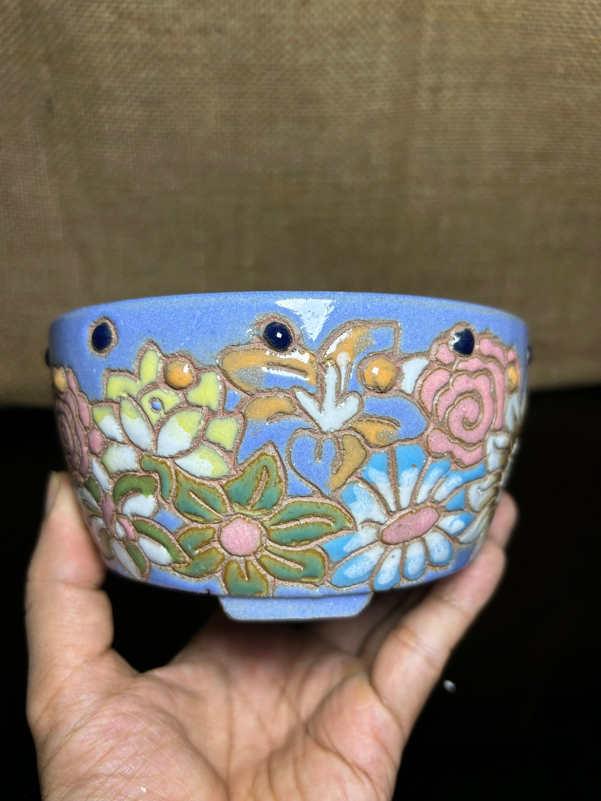 Unique Bonsai tree pot, colorful flower carving and craft,  size 5.2"