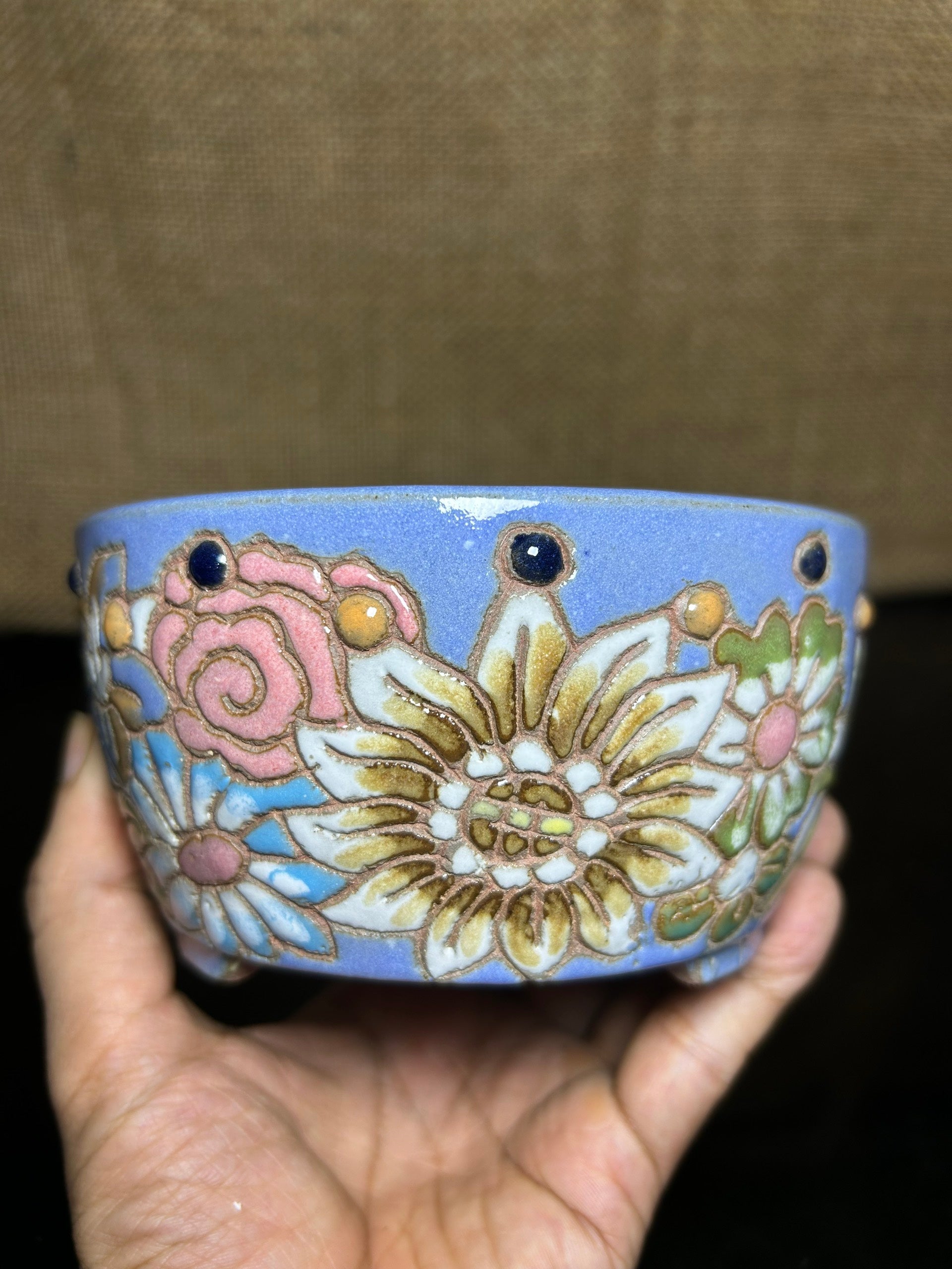 Unique Bonsai tree pot, colorful flower carving and craft,  size 5.2"