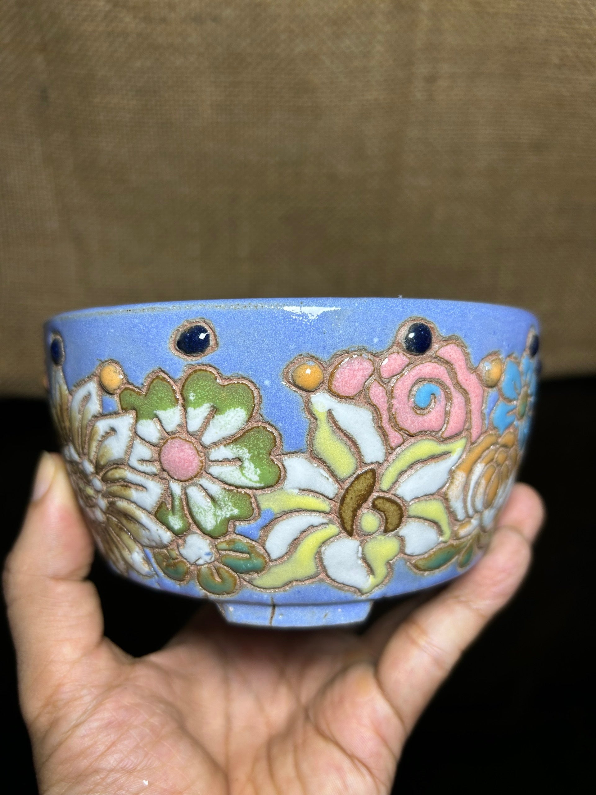Unique Bonsai tree pot, colorful flower carving and craft,  size 5.2"