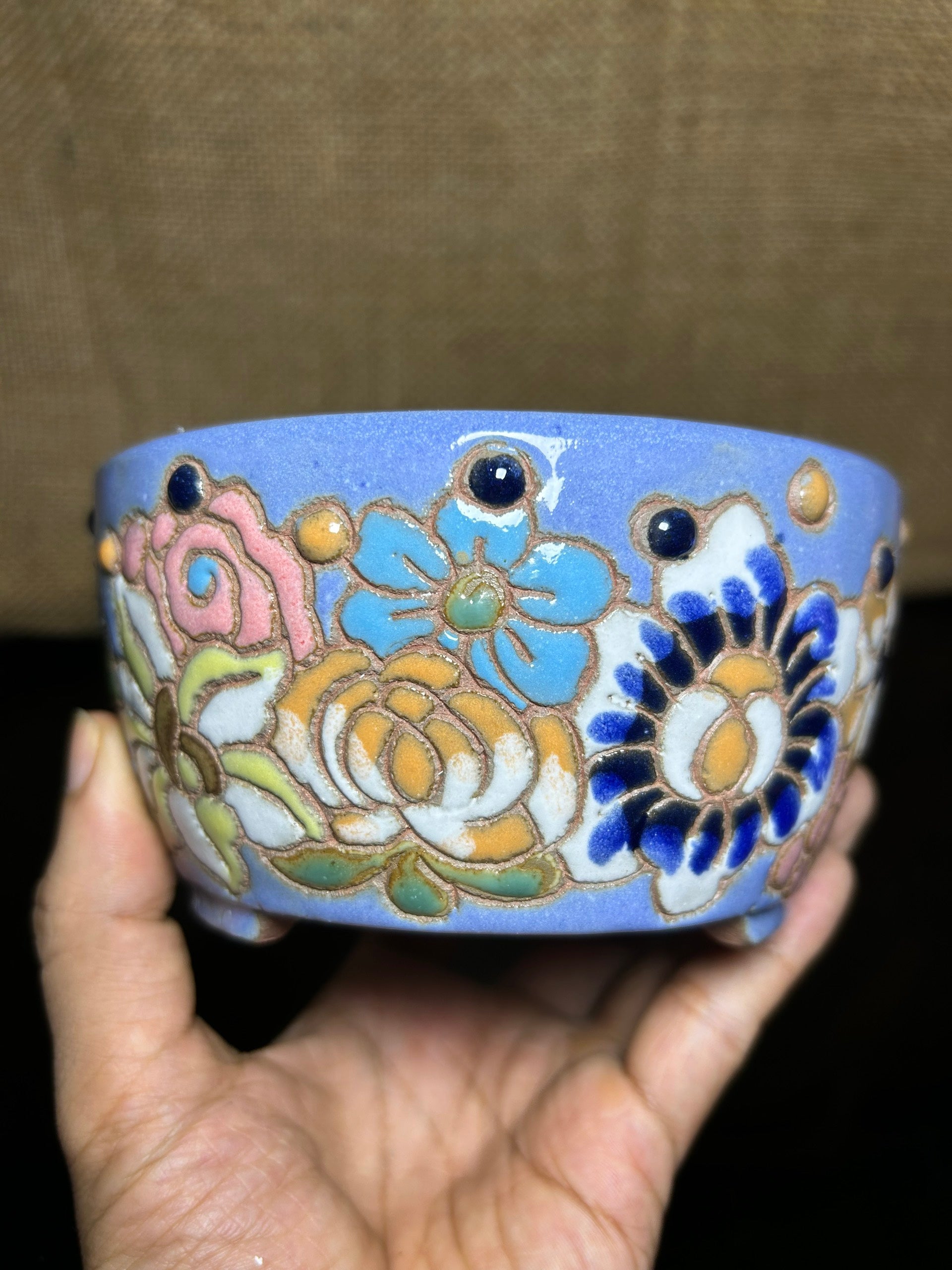 Unique Bonsai tree pot, colorful flower carving and craft,  size 5.2"