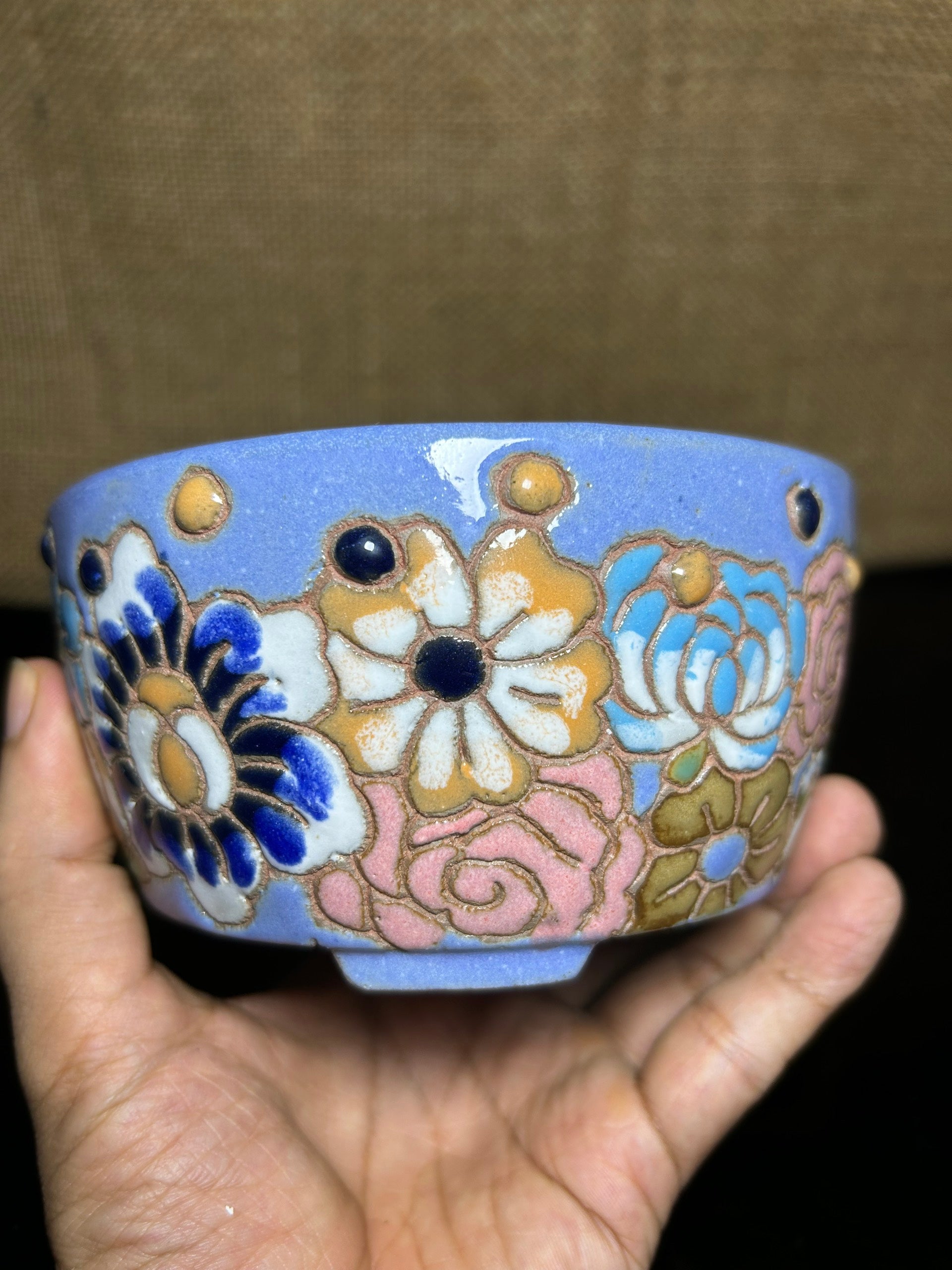 Unique Bonsai tree pot, colorful flower carving and craft,  size 5.2"