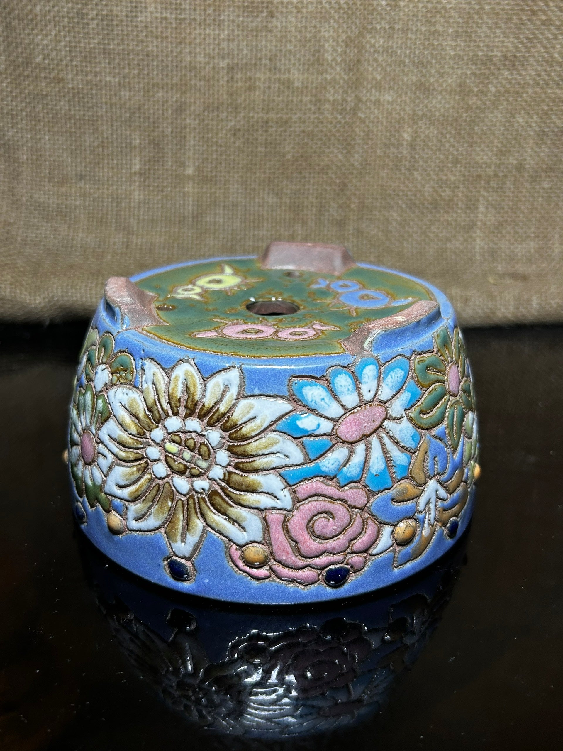 Unique Bonsai tree pot, colorful flower carving and craft,  size 5.2"
