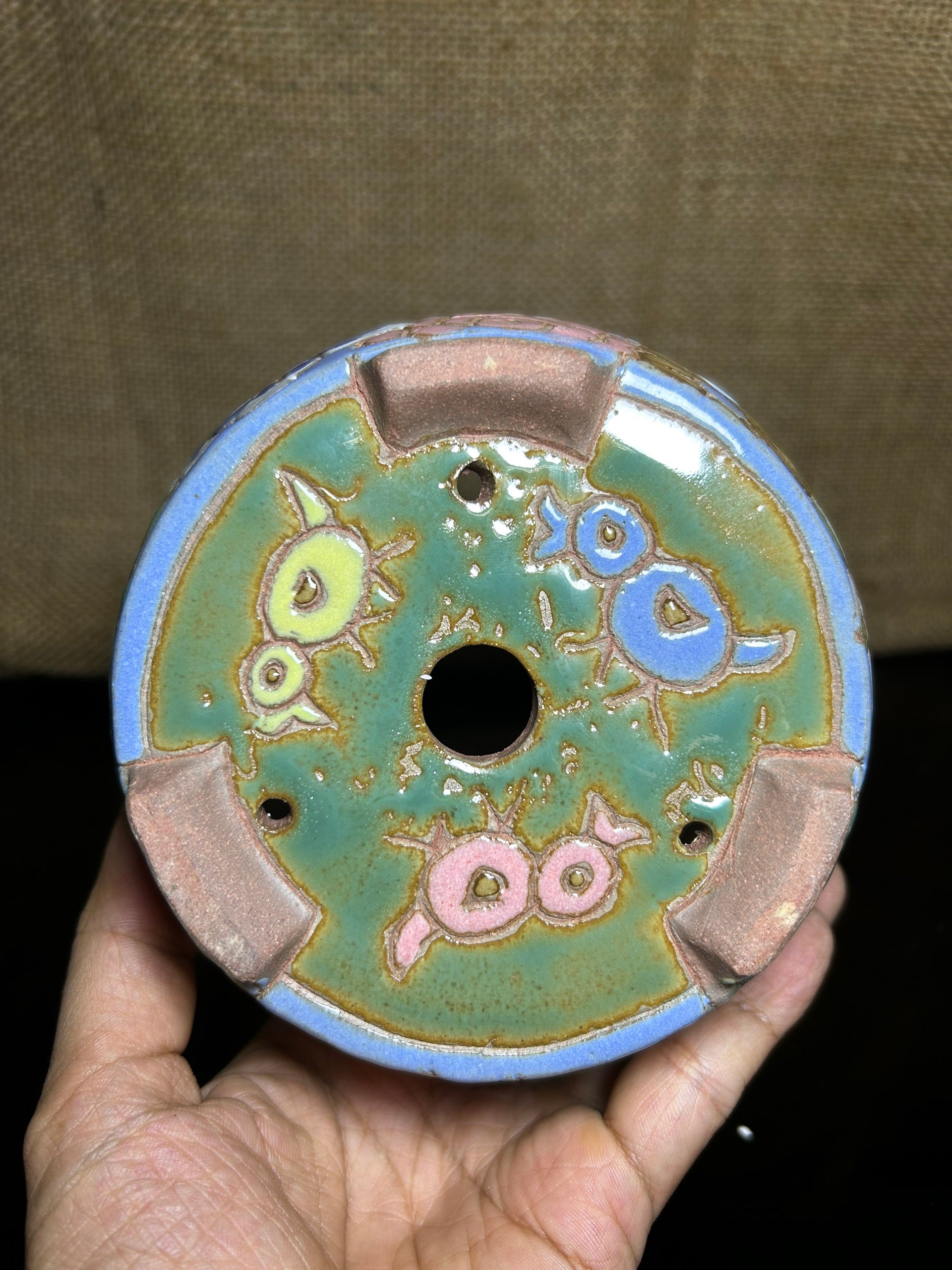 Unique Bonsai tree pot, colorful flower carving and craft,  size 5.2"
