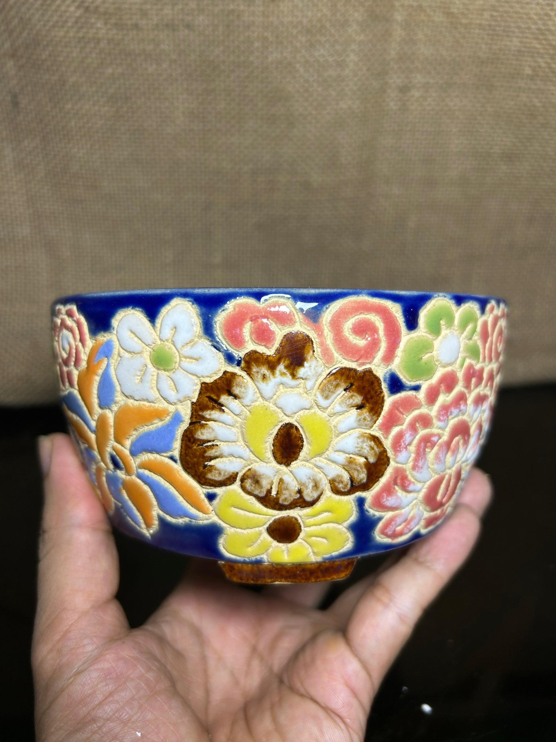 Unique Bonsai tree pot, colorful flower carving and craft,  size 5.5"