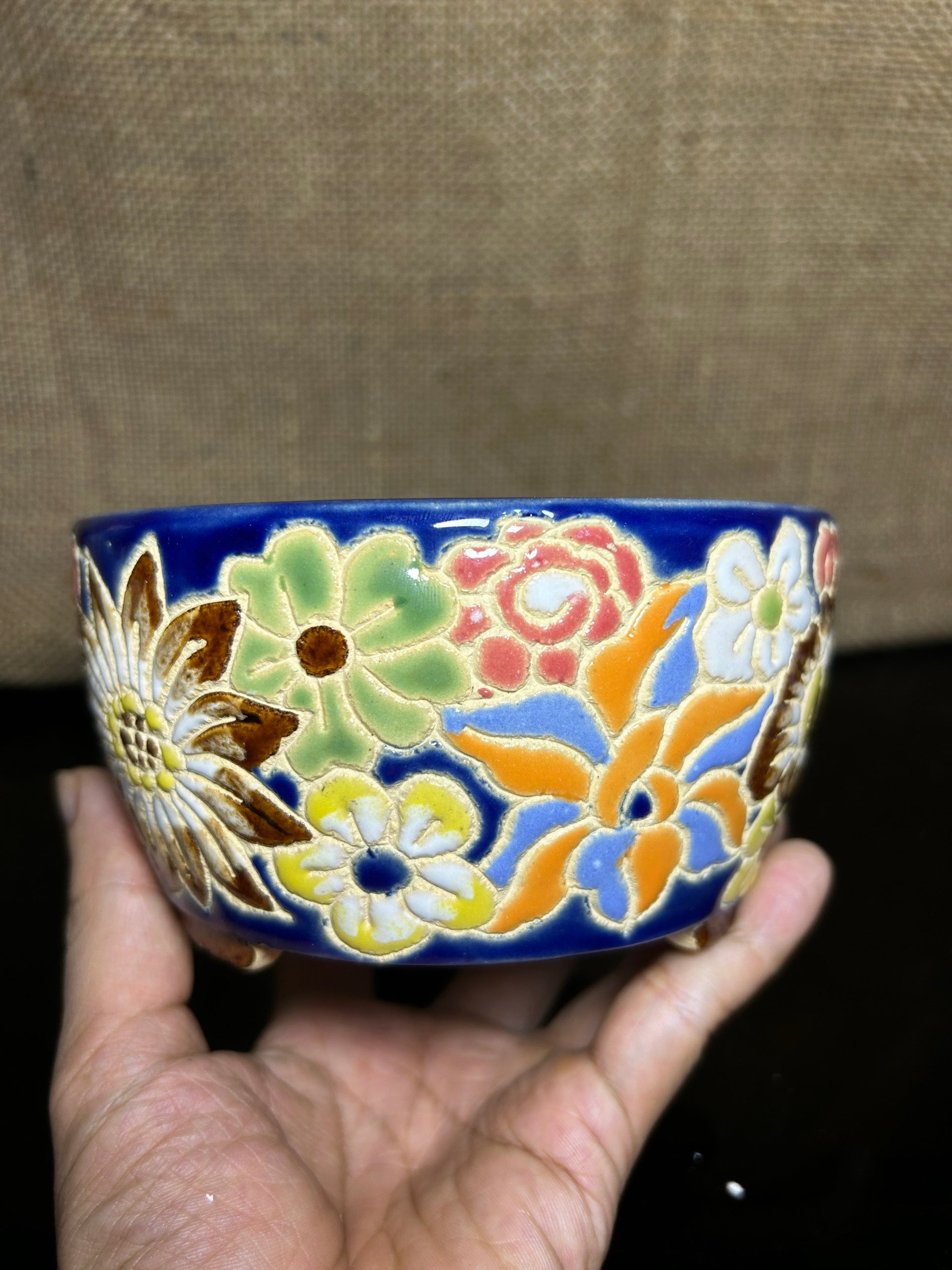 Unique Bonsai tree pot, colorful flower carving and craft,  size 5.5"