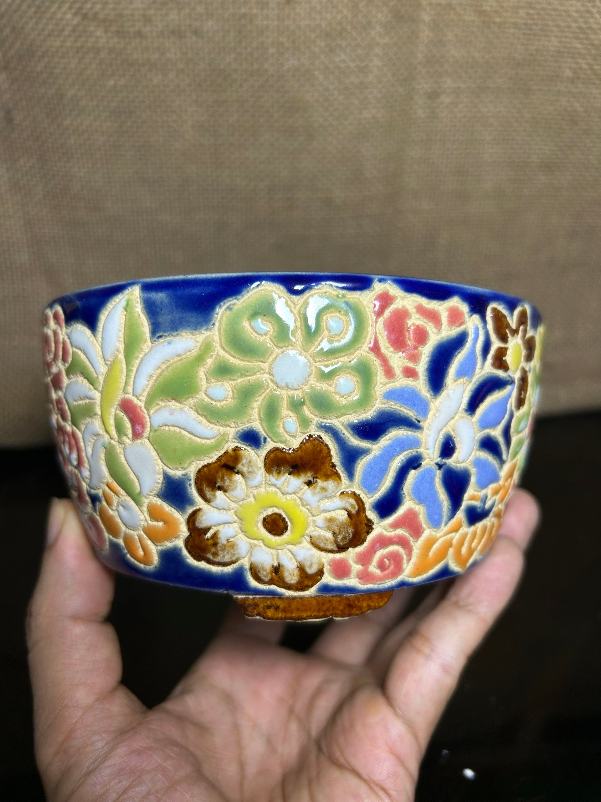 Unique Bonsai tree pot, colorful flower carving and craft,  size 5.5"