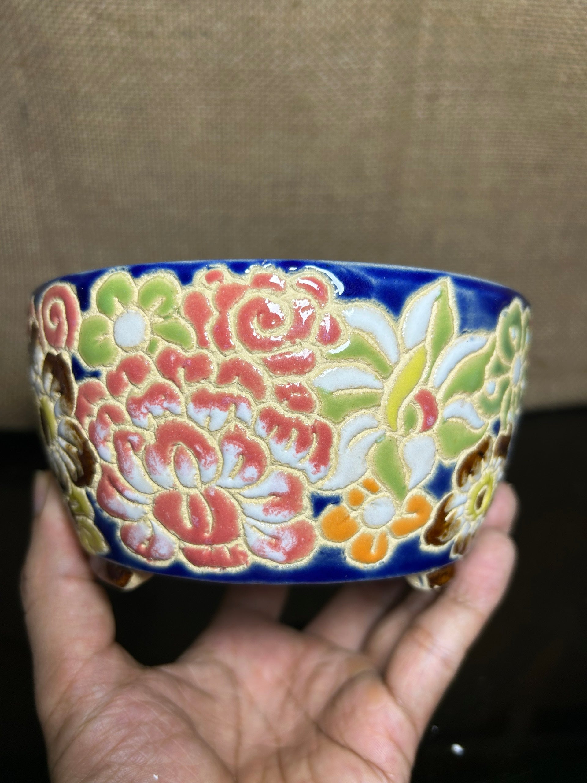 Unique Bonsai tree pot, colorful flower carving and craft,  size 5.5"