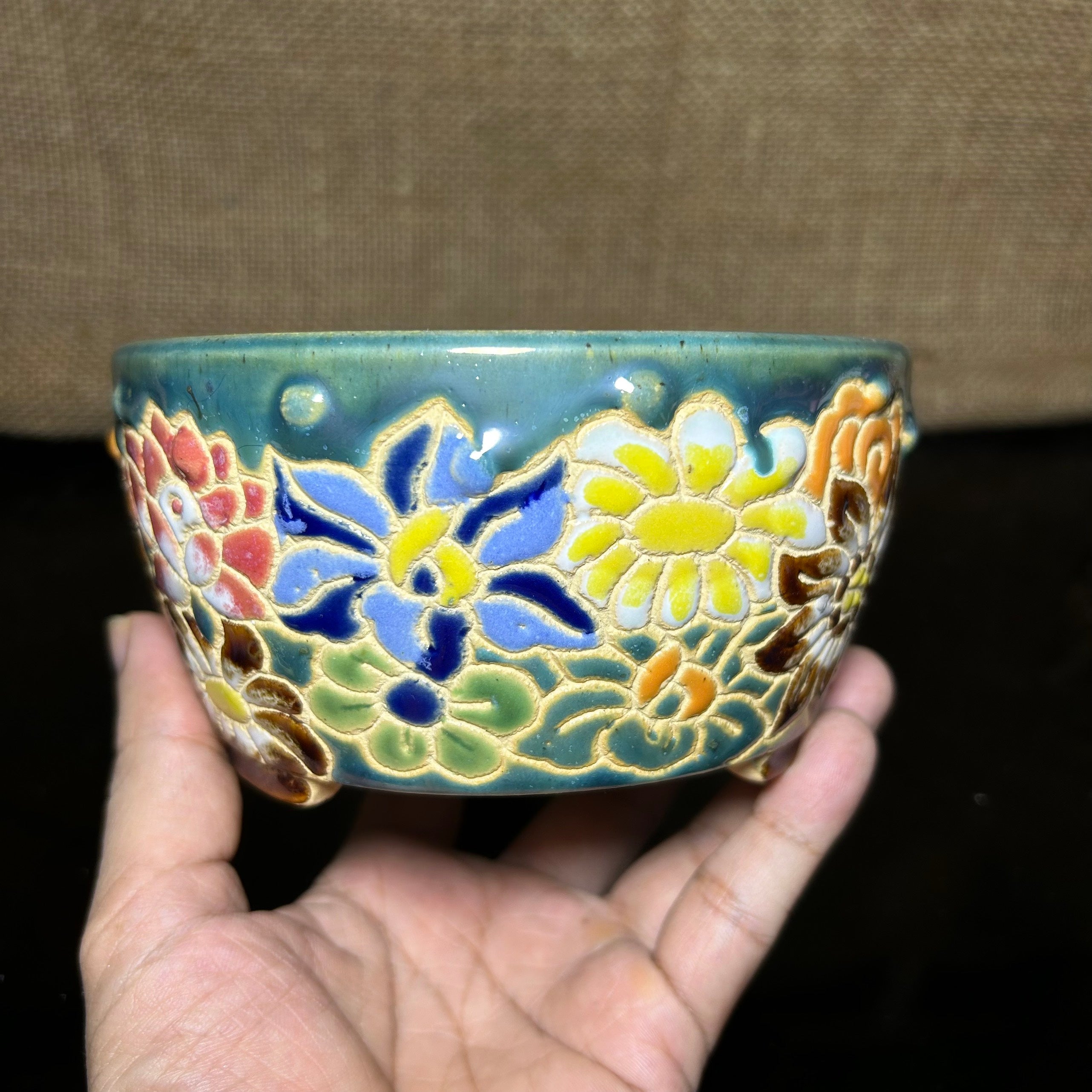Unique Bonsai tree pot, colorful flower carving and craft,  shohin size 5.5"