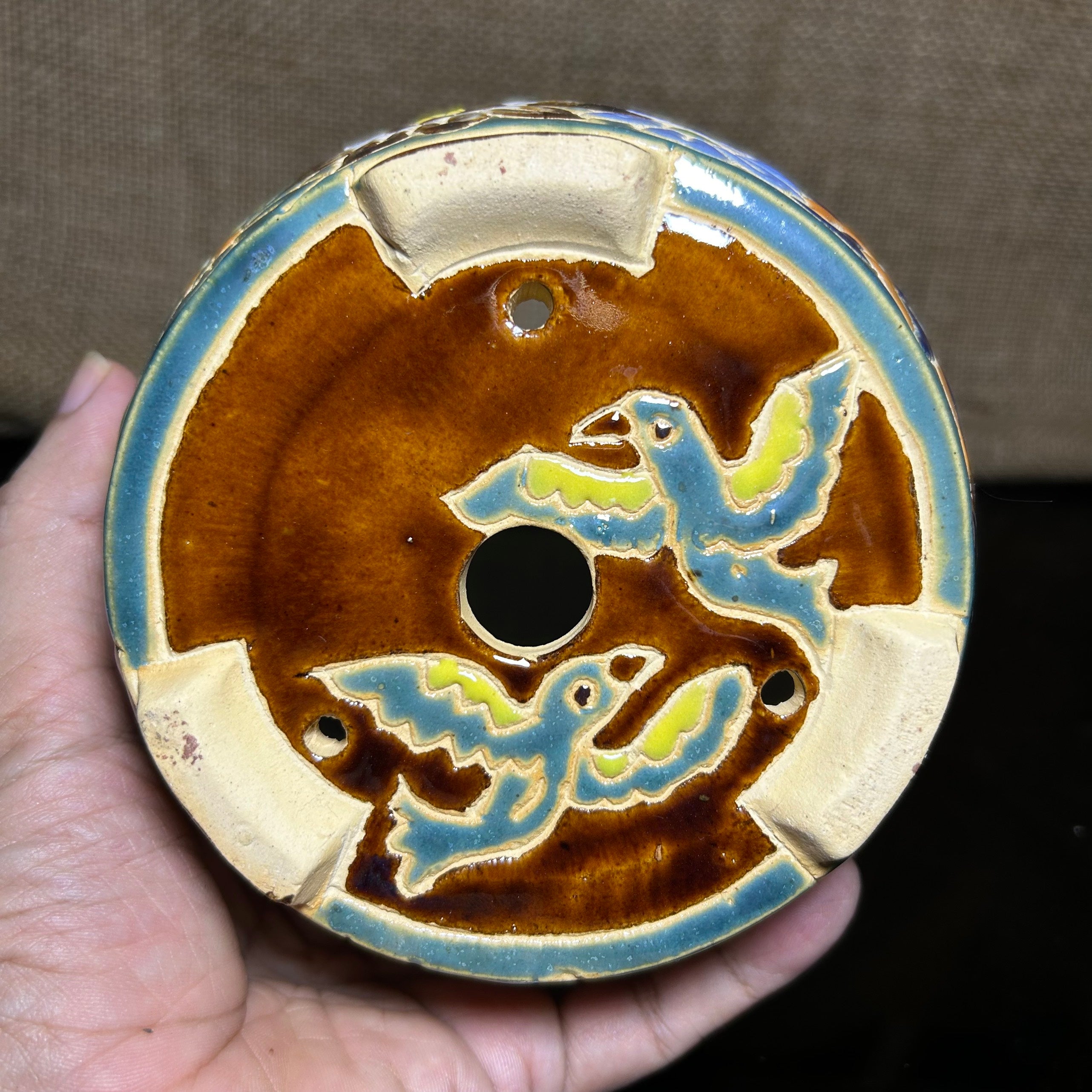 Unique Bonsai tree pot, colorful flower carving and craft,  shohin size 5.5"