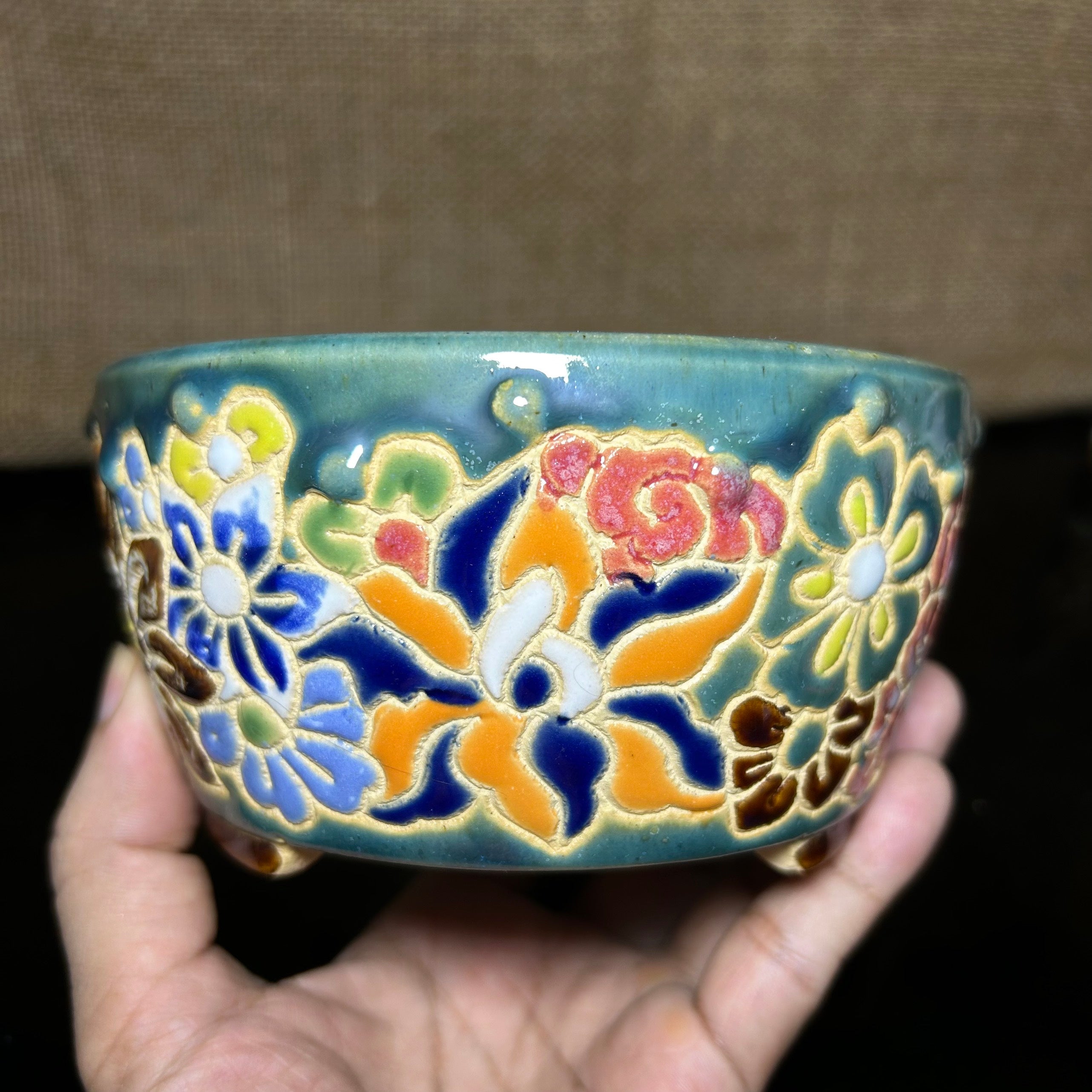 Unique Bonsai tree pot, colorful flower carving and craft,  shohin size 5.5"