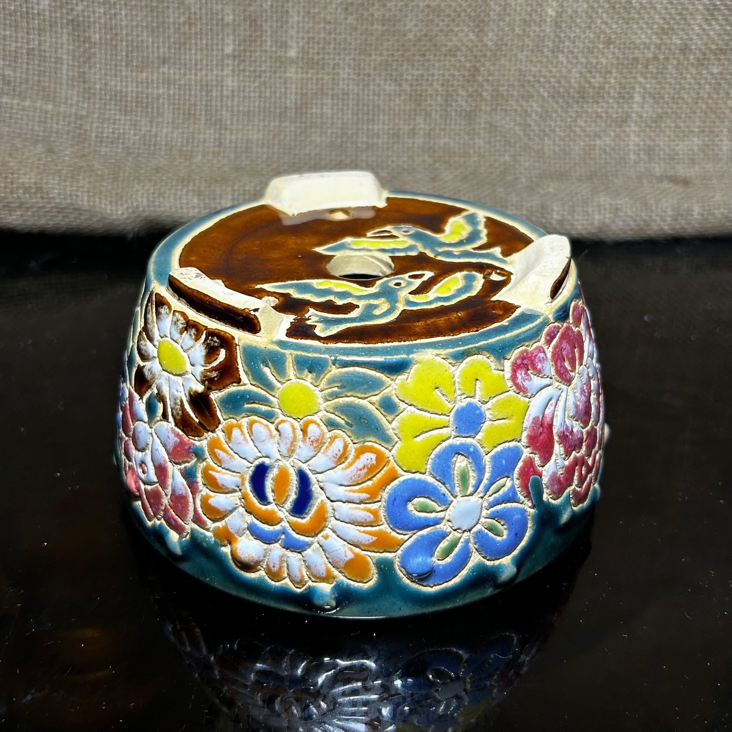 Unique Bonsai tree pot, colorful flower carving and craft,  shohin size 5.5"