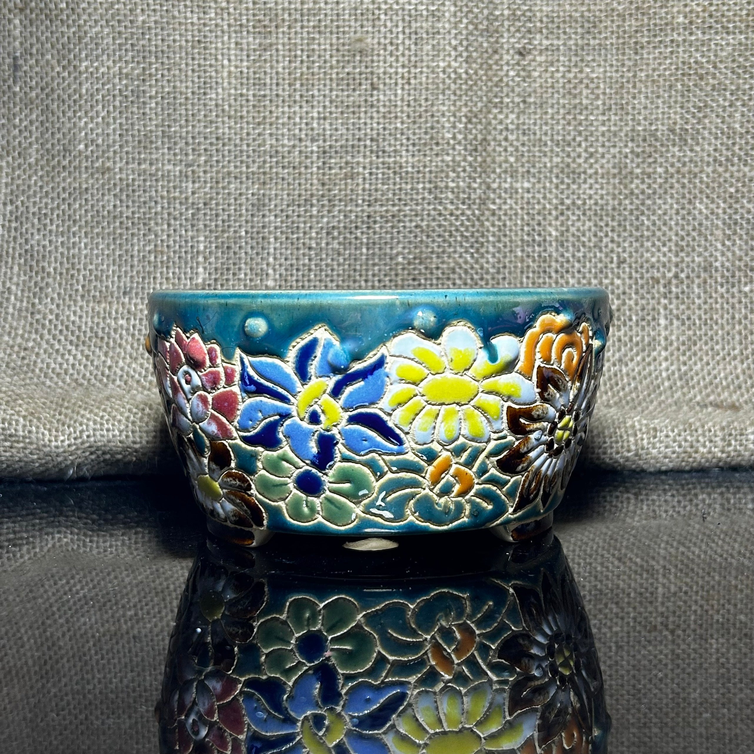 Unique Bonsai tree pot, colorful flower carving and craft,  shohin size 5.5"
