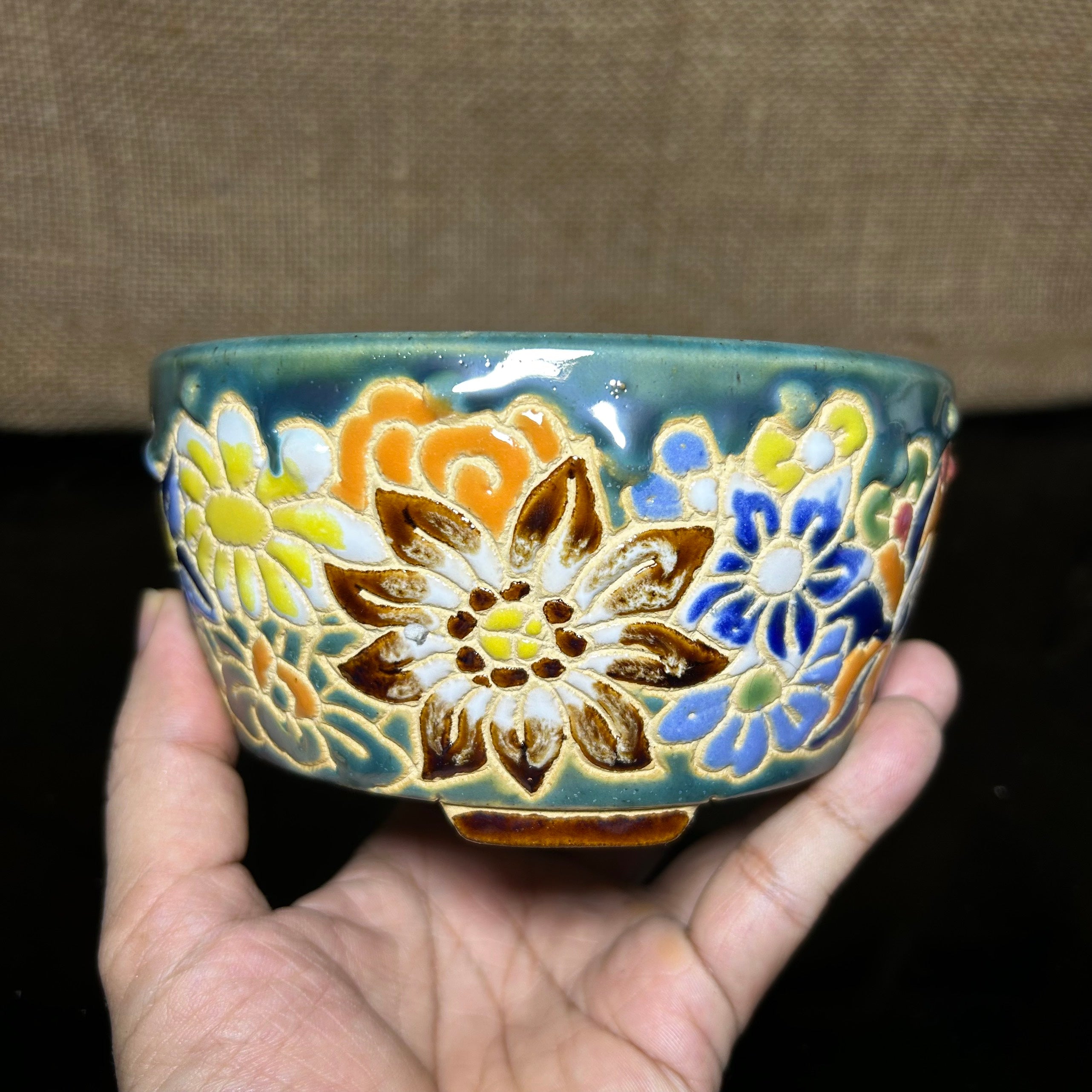 Unique Bonsai tree pot, colorful flower carving and craft,  shohin size 5.5"